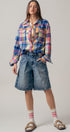 Oversized Plaid Button-Up Flannel Shirt w Pockets in BLUE MULTI - Women's Shirts & Blouses | Urban Daizy