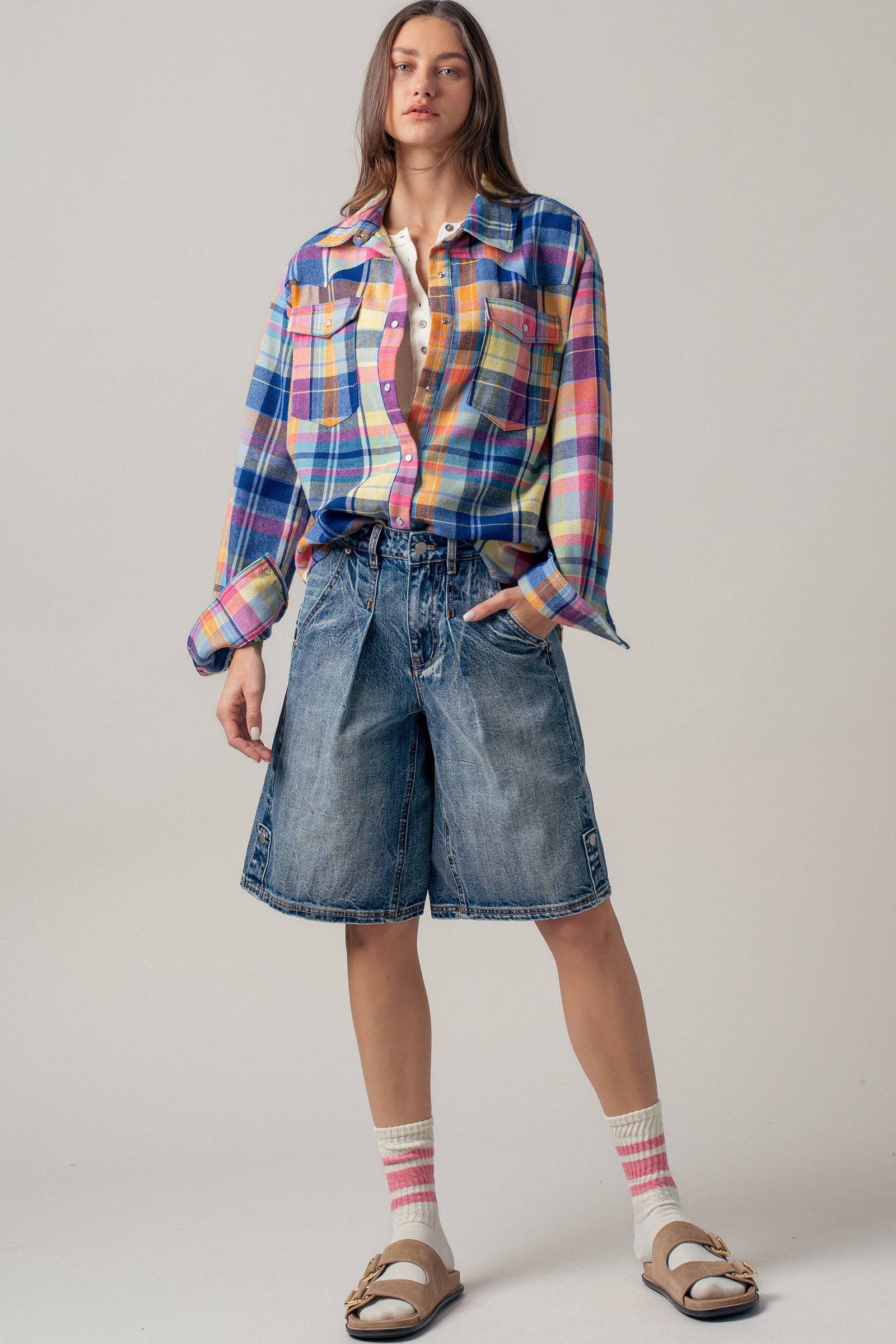 Oversized Plaid Button-Up Flannel Shirt w Pockets in BLUE MULTI - Women's Shirts & Blouses | Urban Daizy