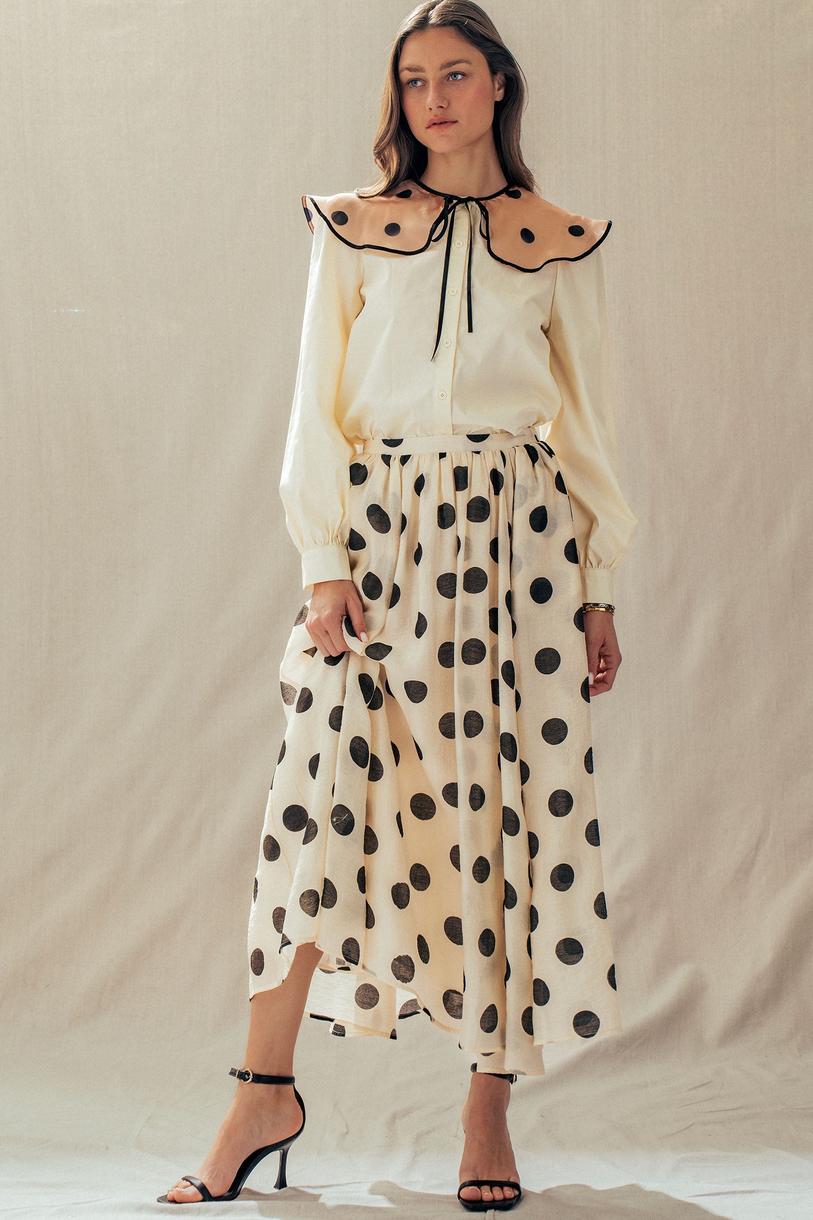 Polka Dot Elastic Waist Midi Skirt