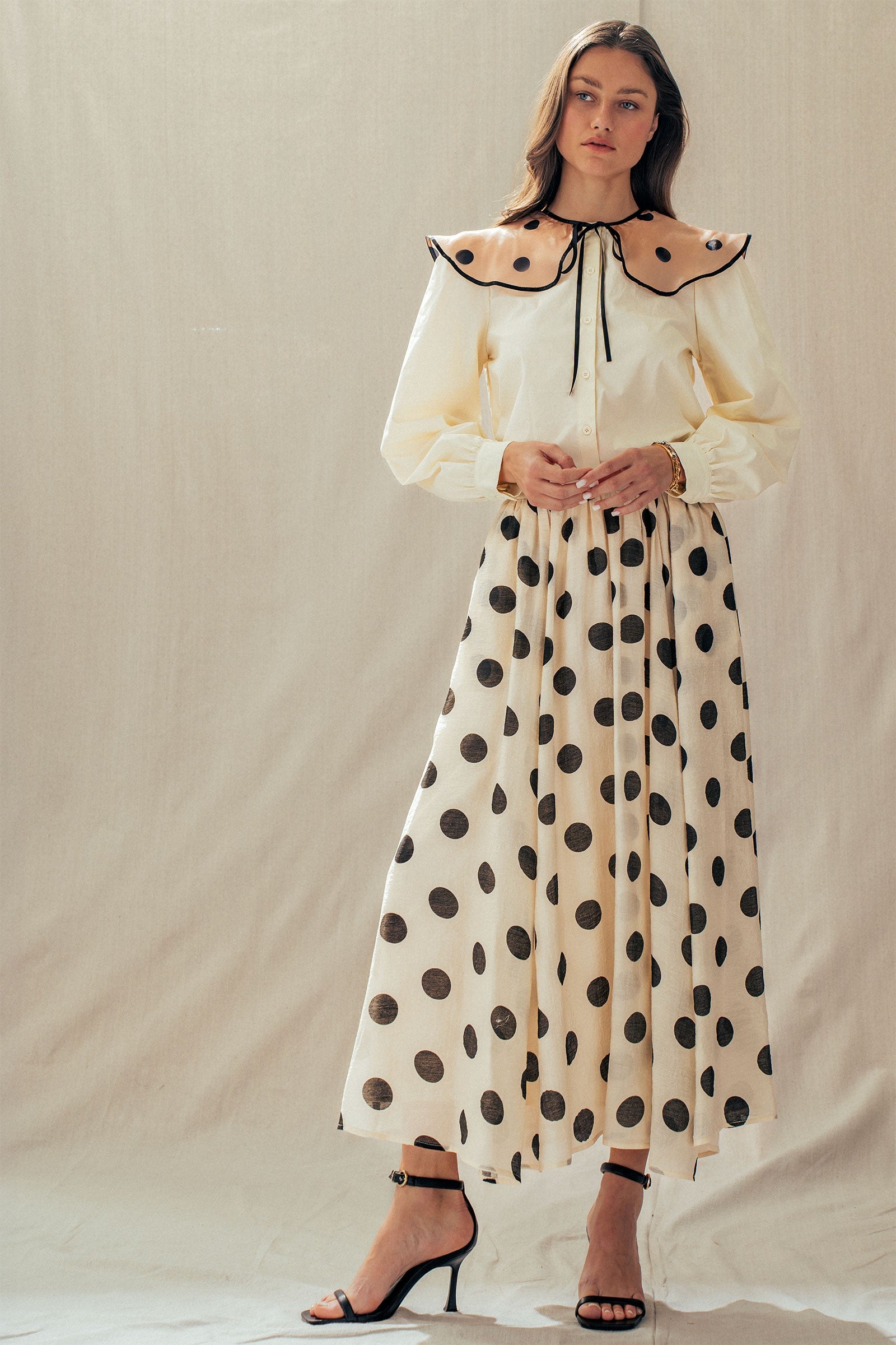 Polka Dot Elastic Waist Midi Skirt
