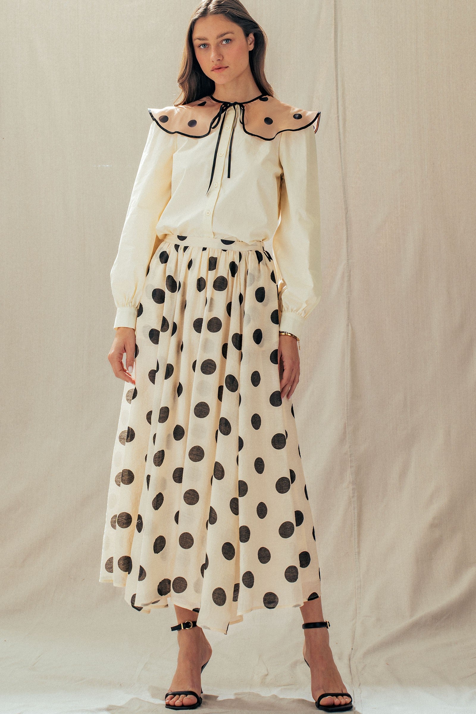 Polka Dot Elastic Waist Midi Skirt