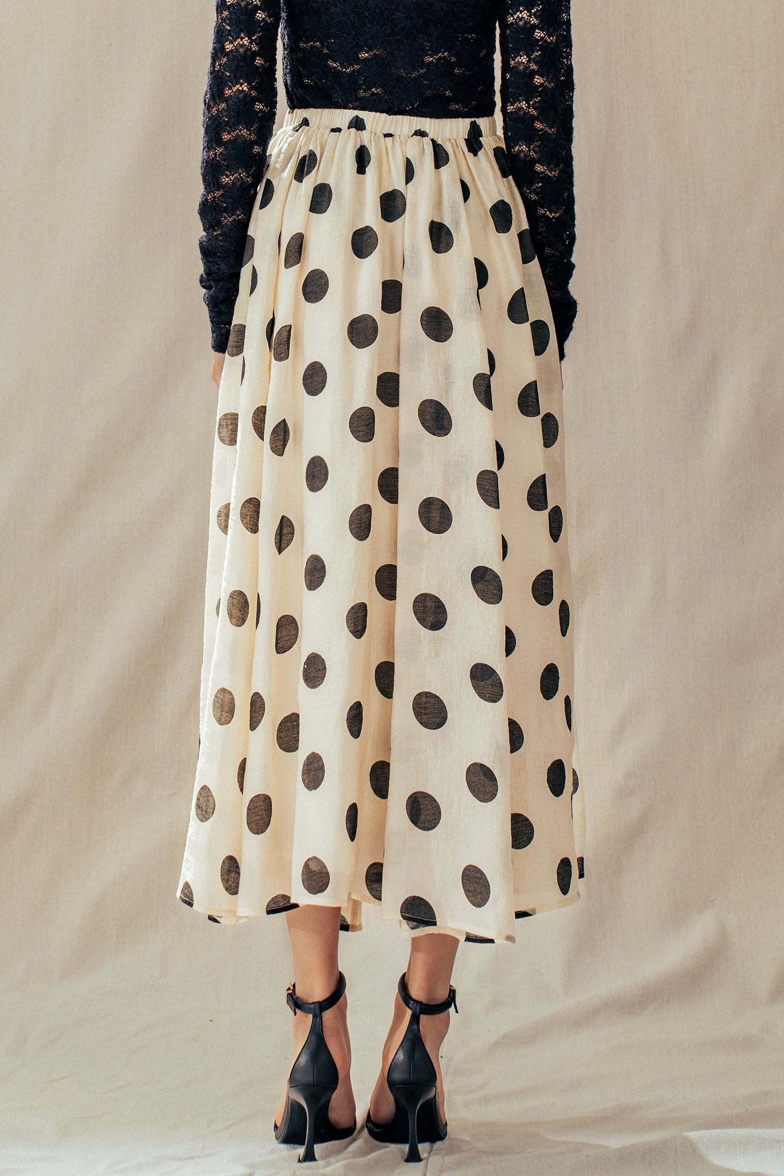 Polka Dot Elastic Waist Midi Skirt