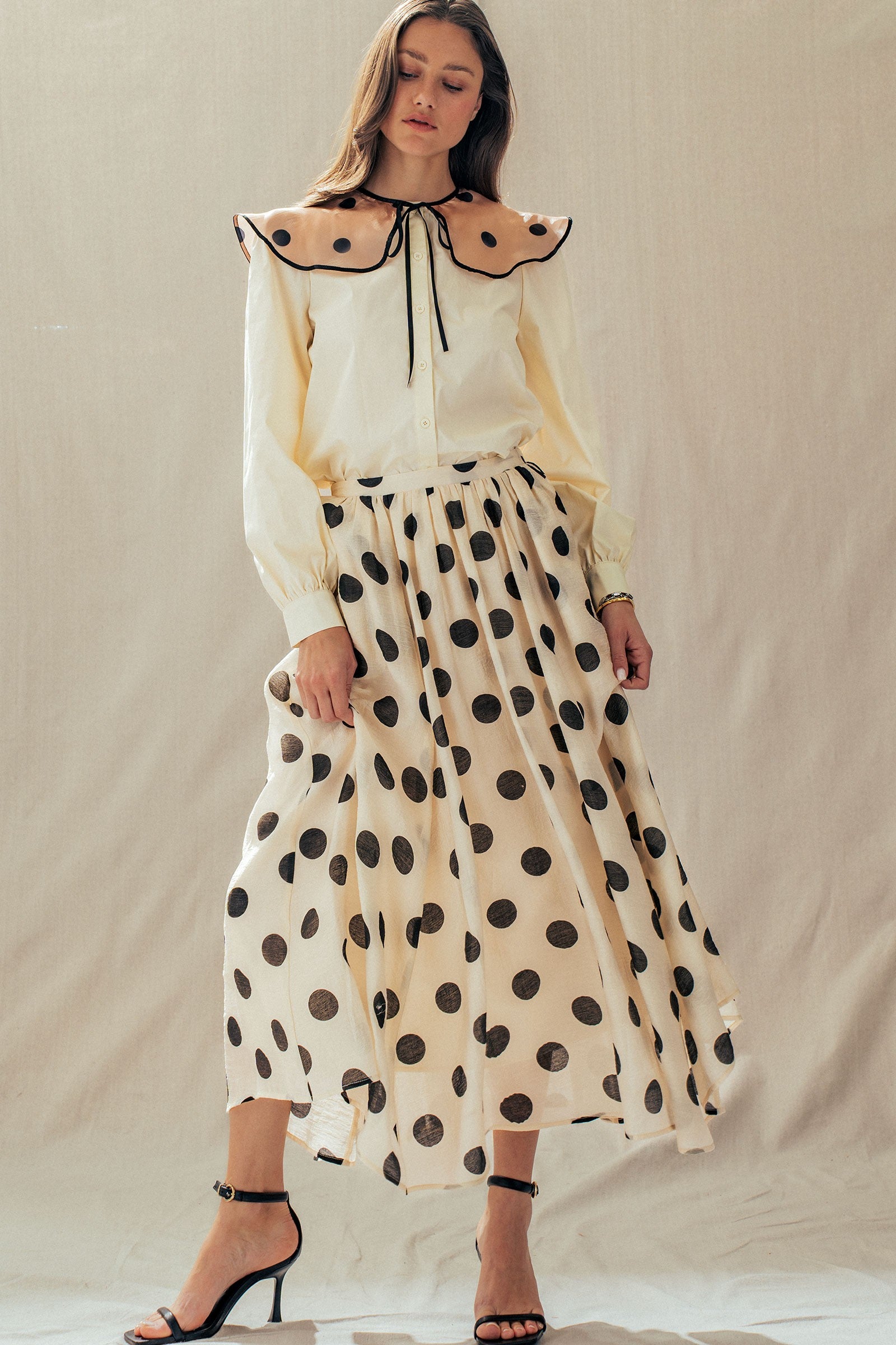 Polka Dot Elastic Waist Midi Skirt