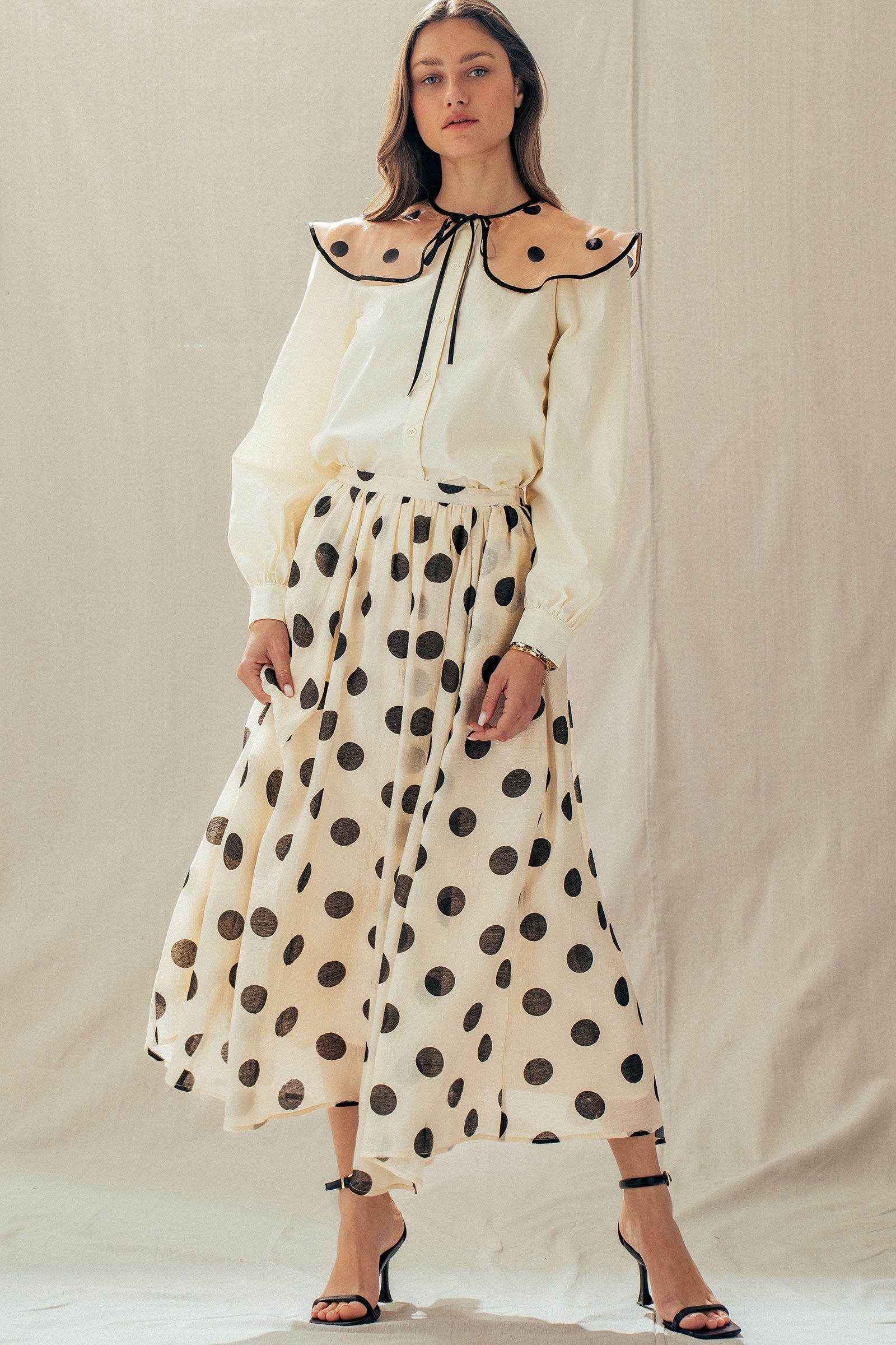 Polka Dot Elastic Waist Midi Skirt