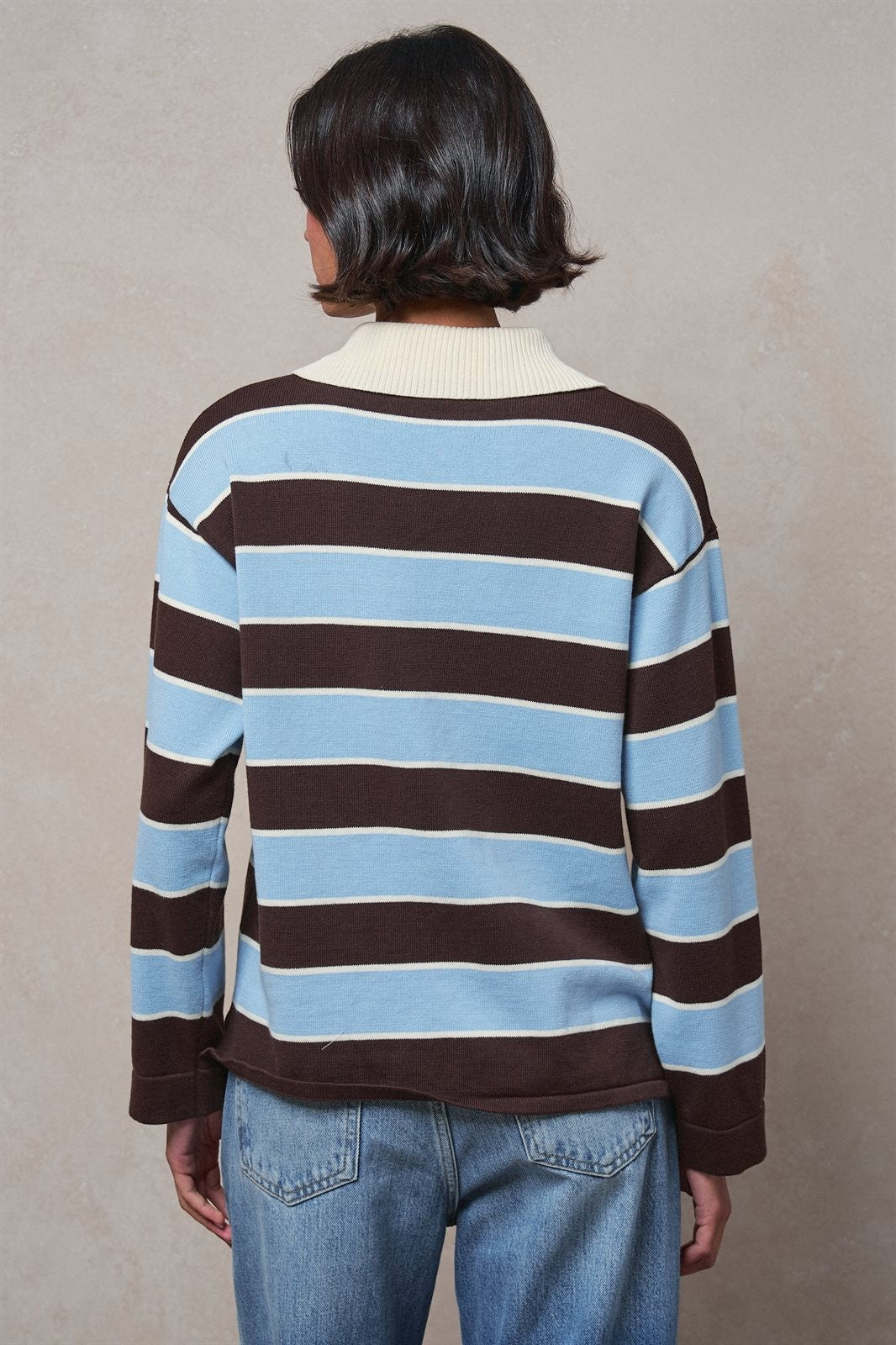 Striped Knit Rugby Polo Sweater in BROWN BLUE - Women's Sweaters | Urban Daizy