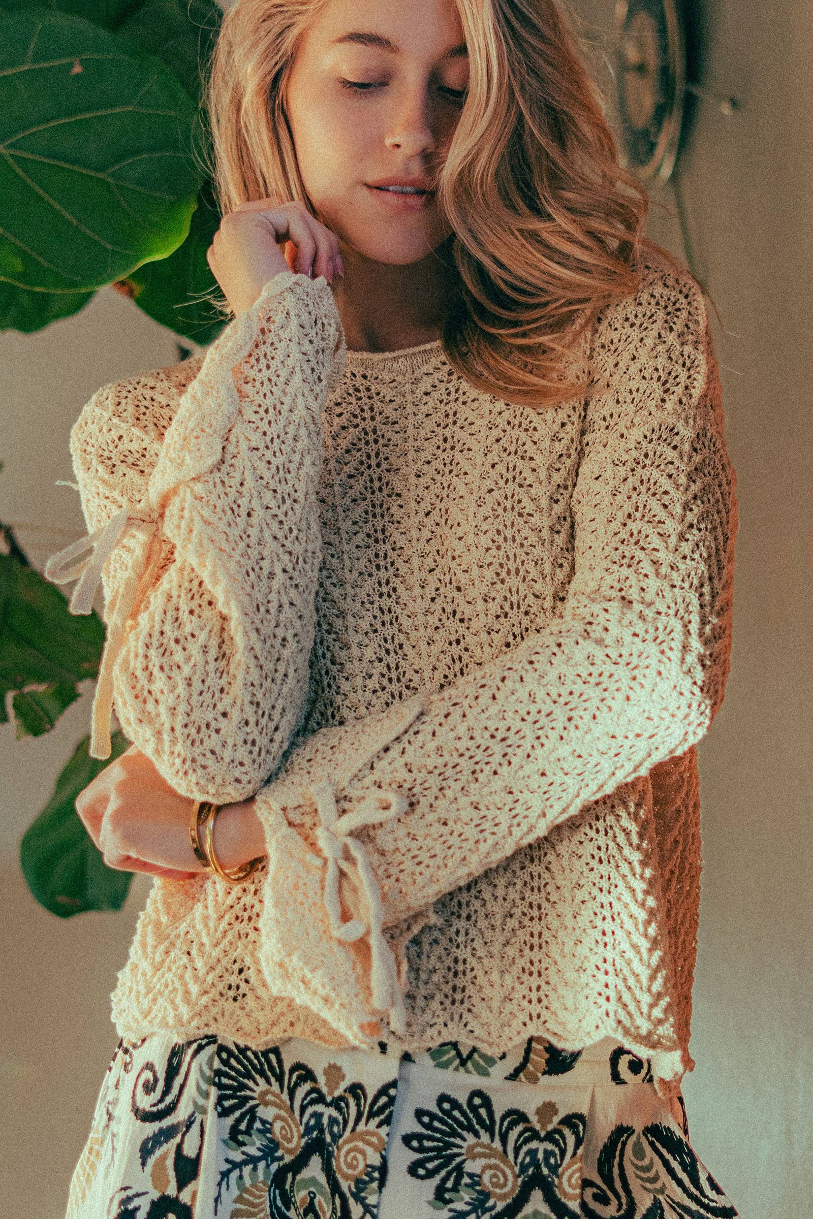 Chevron Pointelle Open-Knit Bell Sleeve Sweater