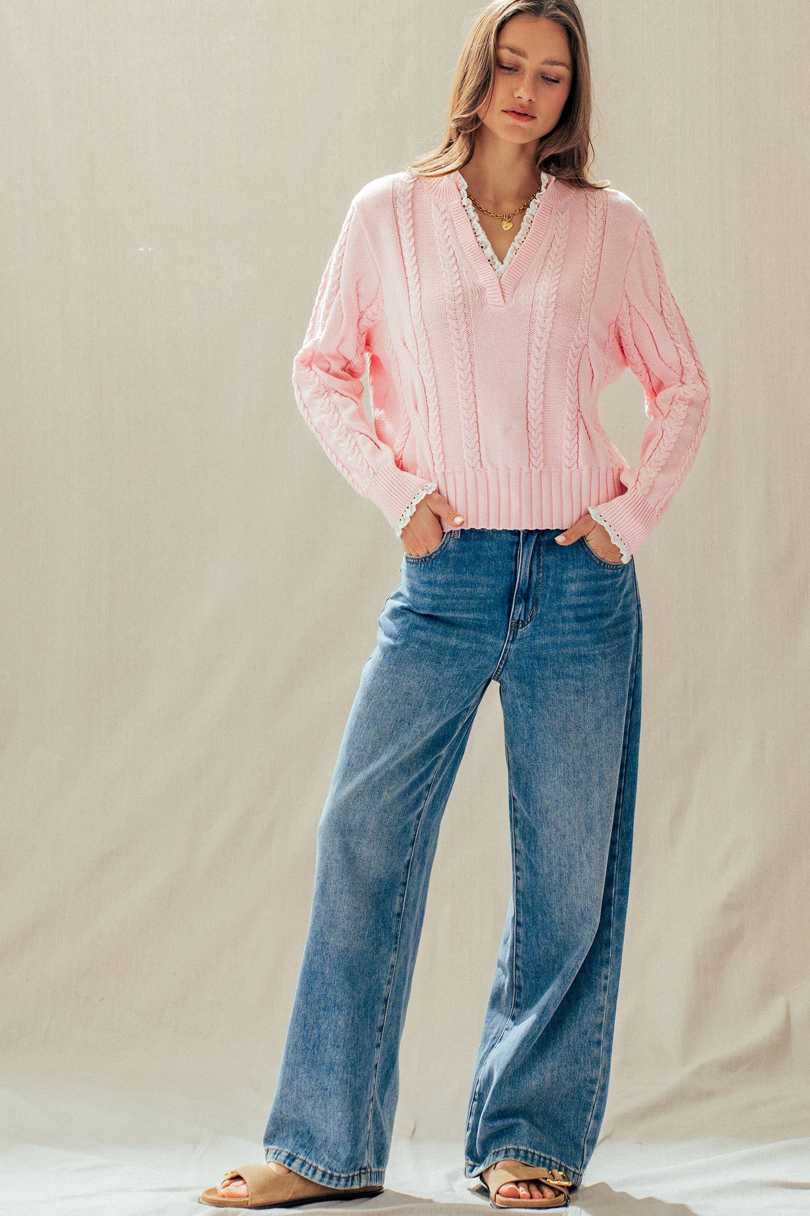 Lace Trim Cable Knit Pullover Sweater