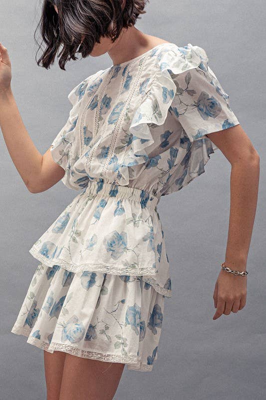 White Blue Floral Ruffle Sleeve Tiered Mini Dress