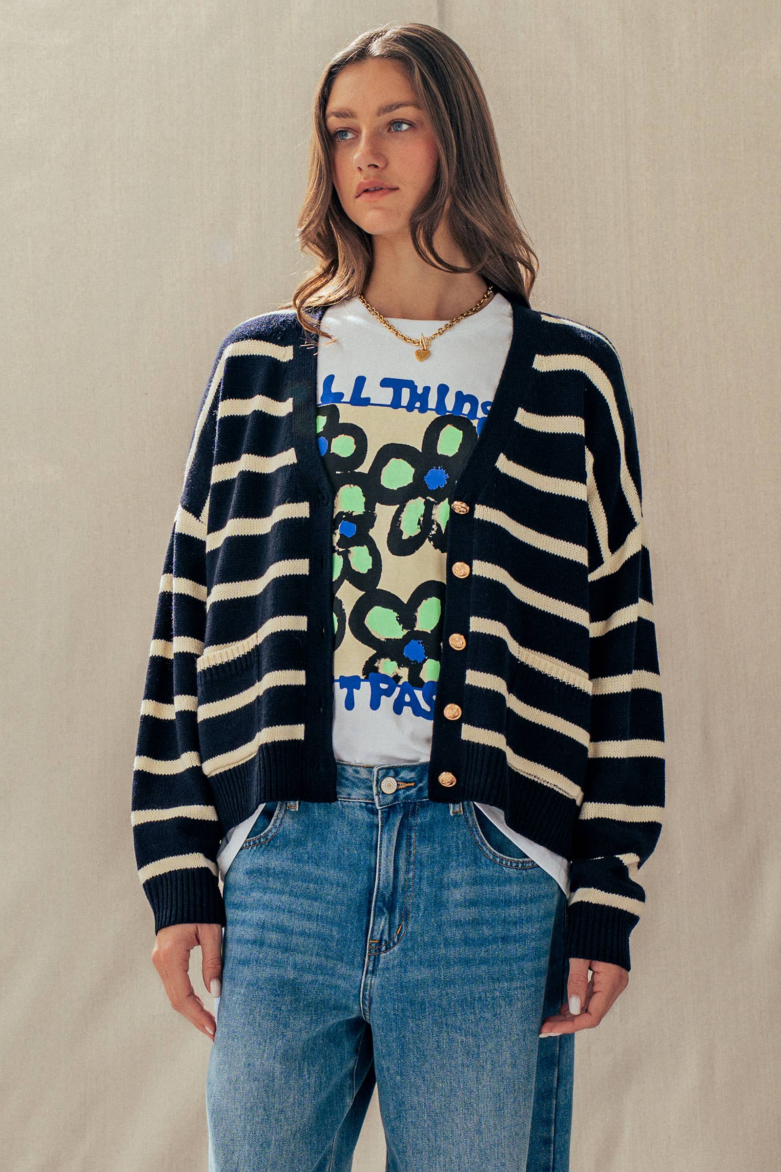 Striped Cropped V Neck Embellished Button Cardigan