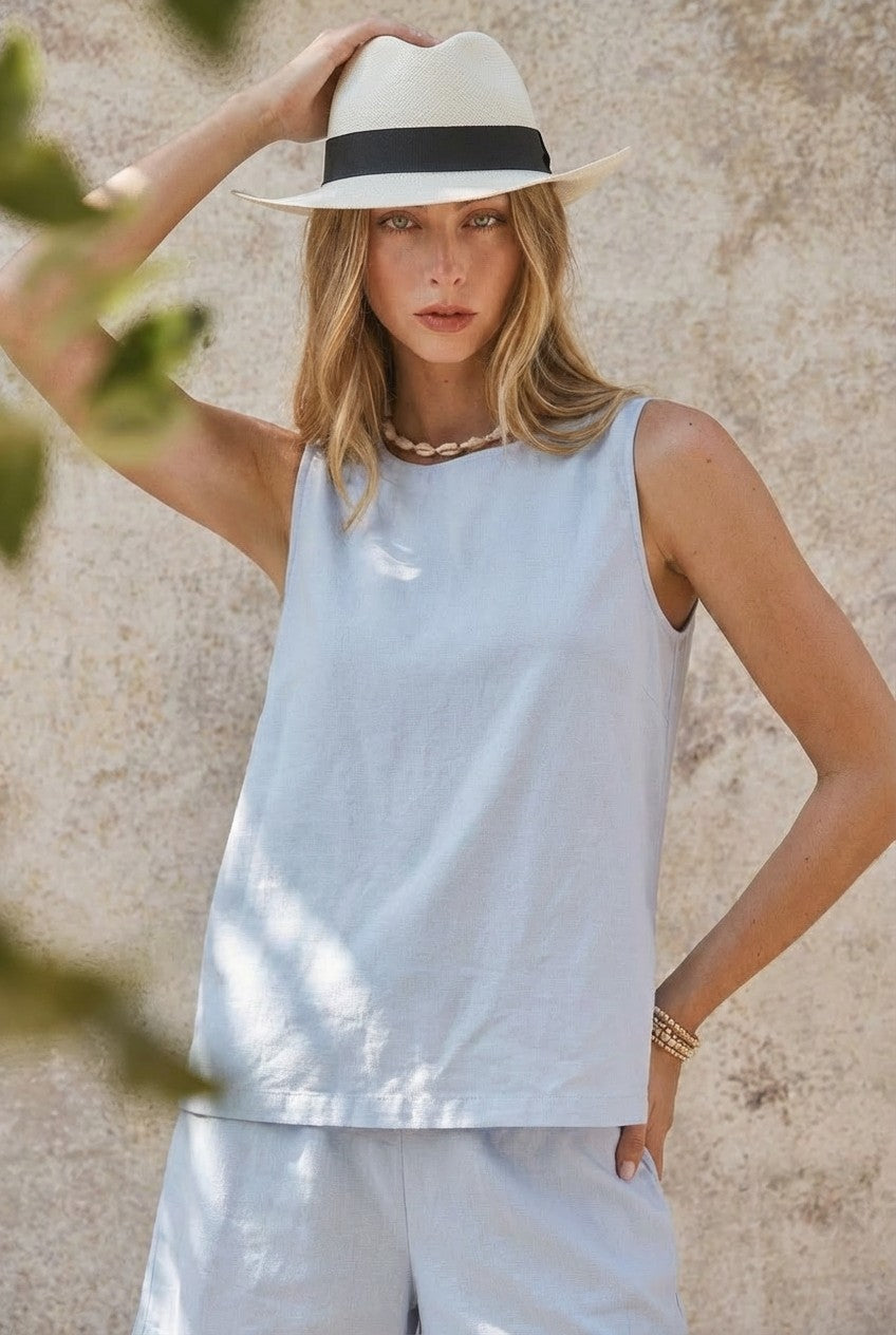 Minimal Muse Linen Sleeveless Top in LT BLUE - Women's Fashion | Urban Daizy