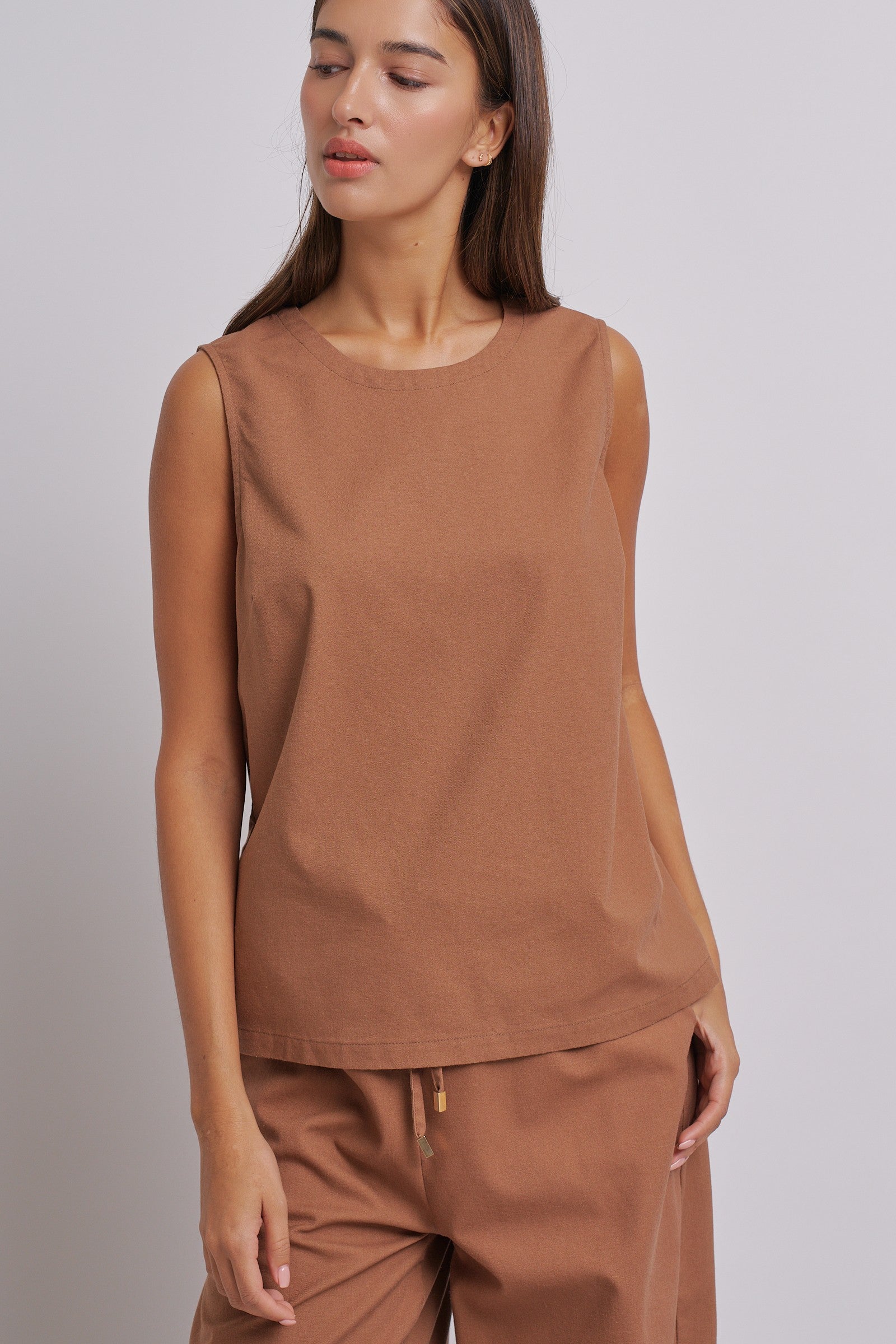 Minimal Muse Linen Sleeveless Top in BROWN - Women's Fashion | Urban Daizy