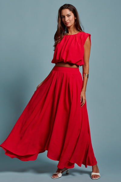 High-Waist Pleated High-Low Maxi Skirt