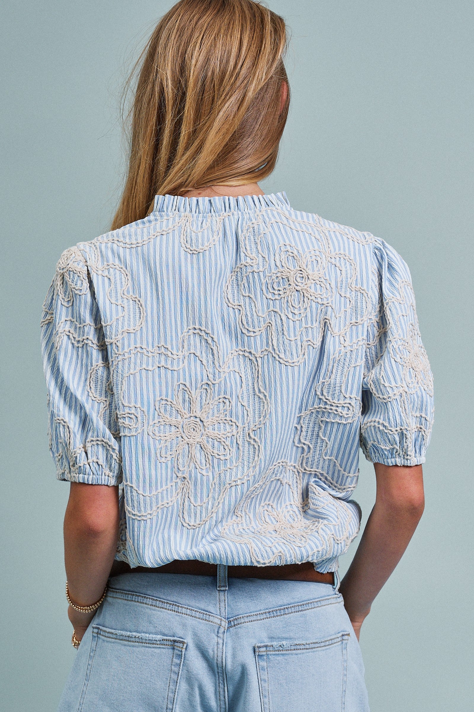 Corded Lace Embroidered Striped Puff Sleeve Blouse