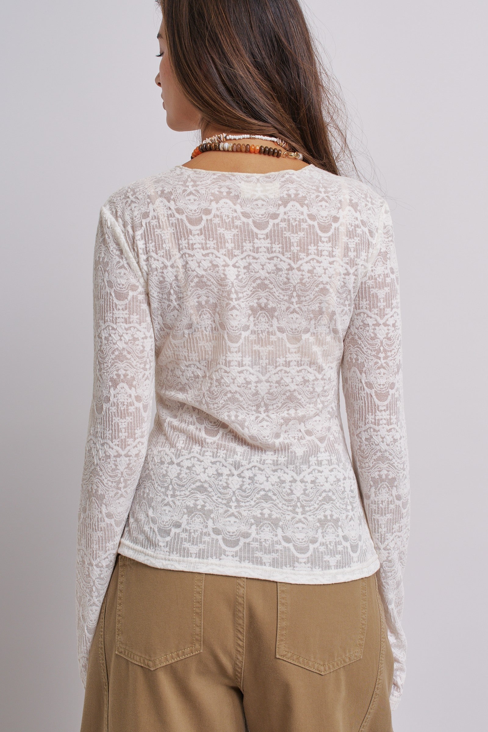 Dusty Rose Lace Textured Long Sleeve Fitted Top