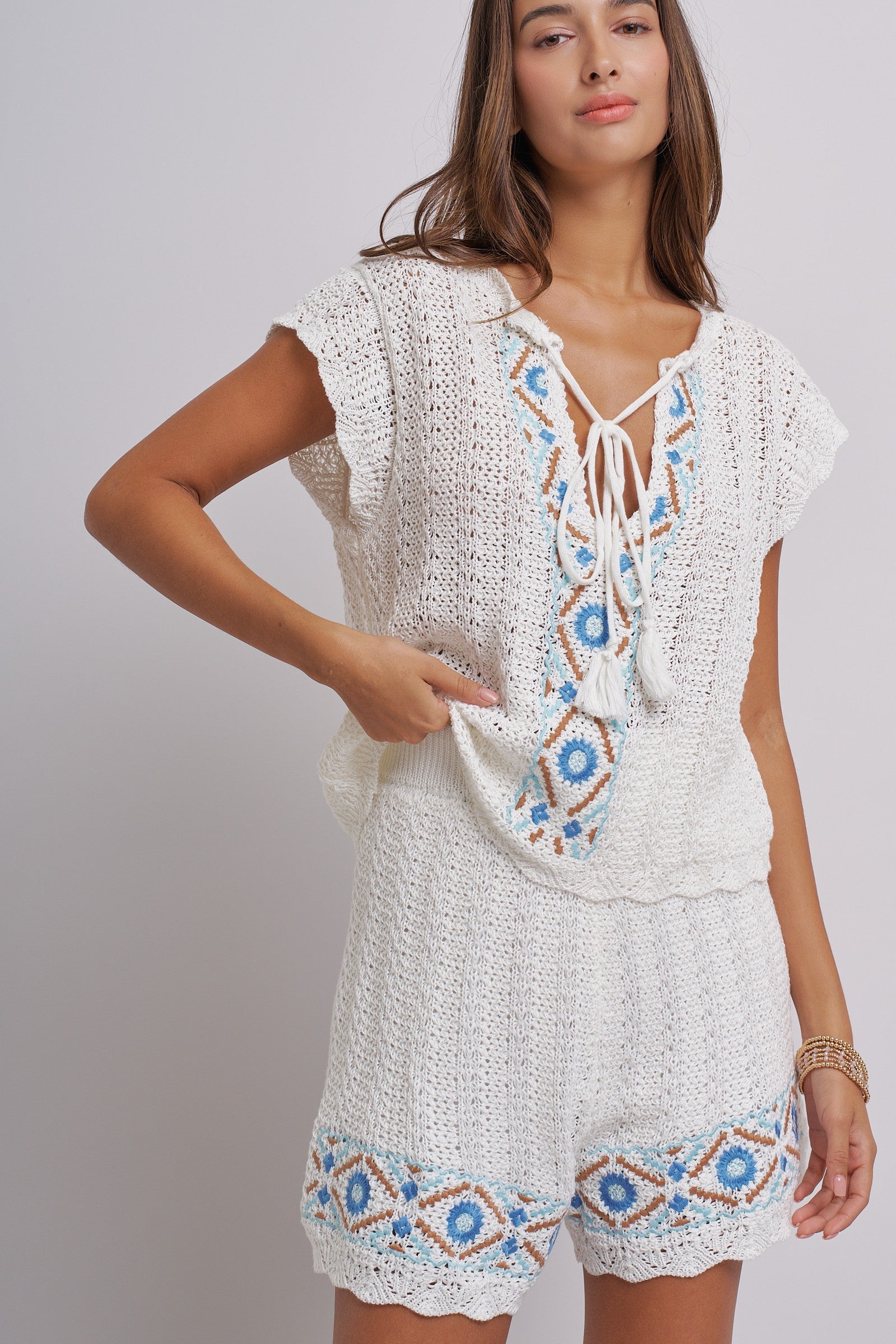 Santorini Breeze Crochet Embroidered Set in IVORY BLUE - Women's Sets | Urban Daizy