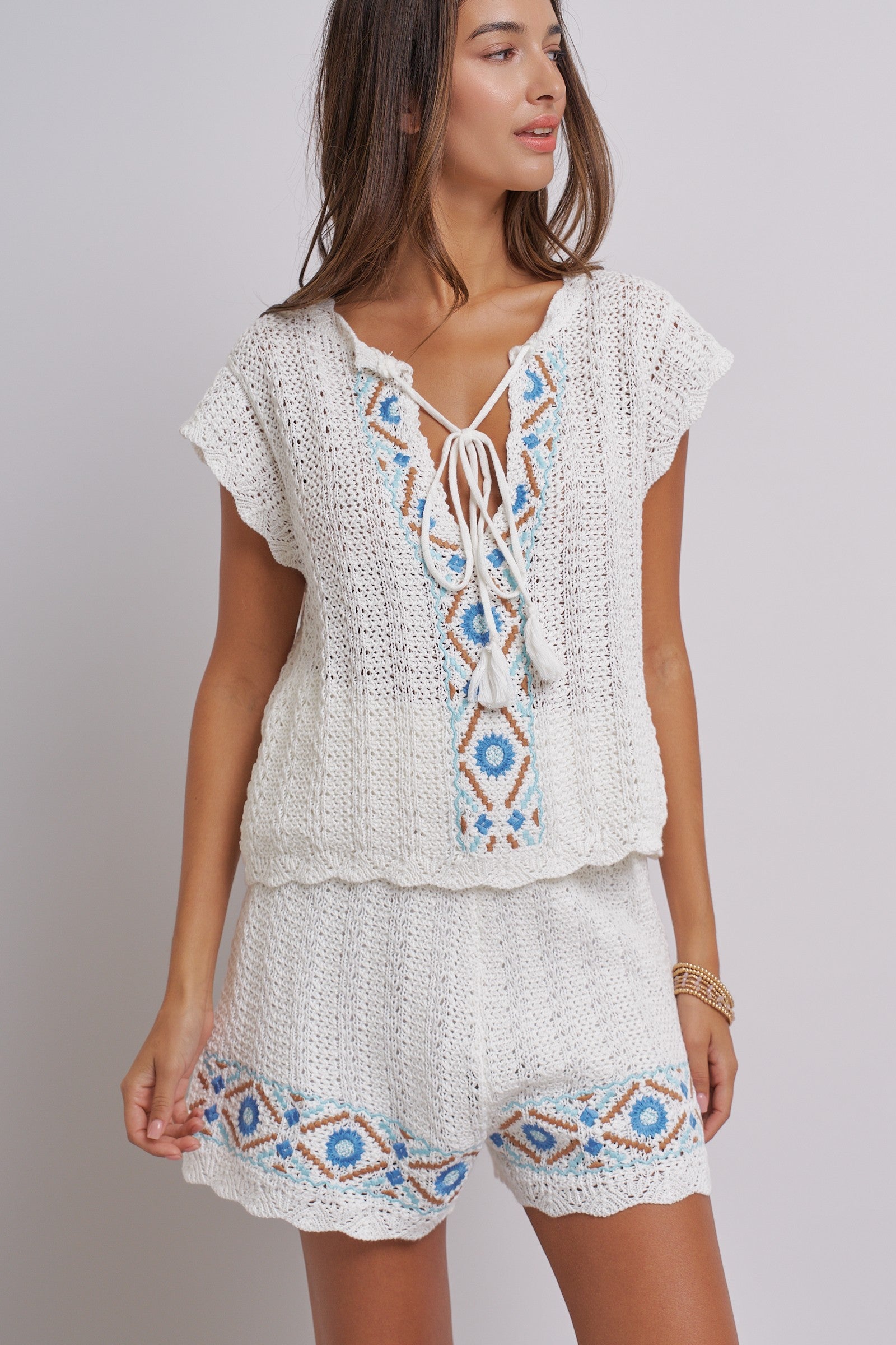 Santorini Breeze Crochet Embroidered Set in IVORY BLUE - Women's Sets | Urban Daizy