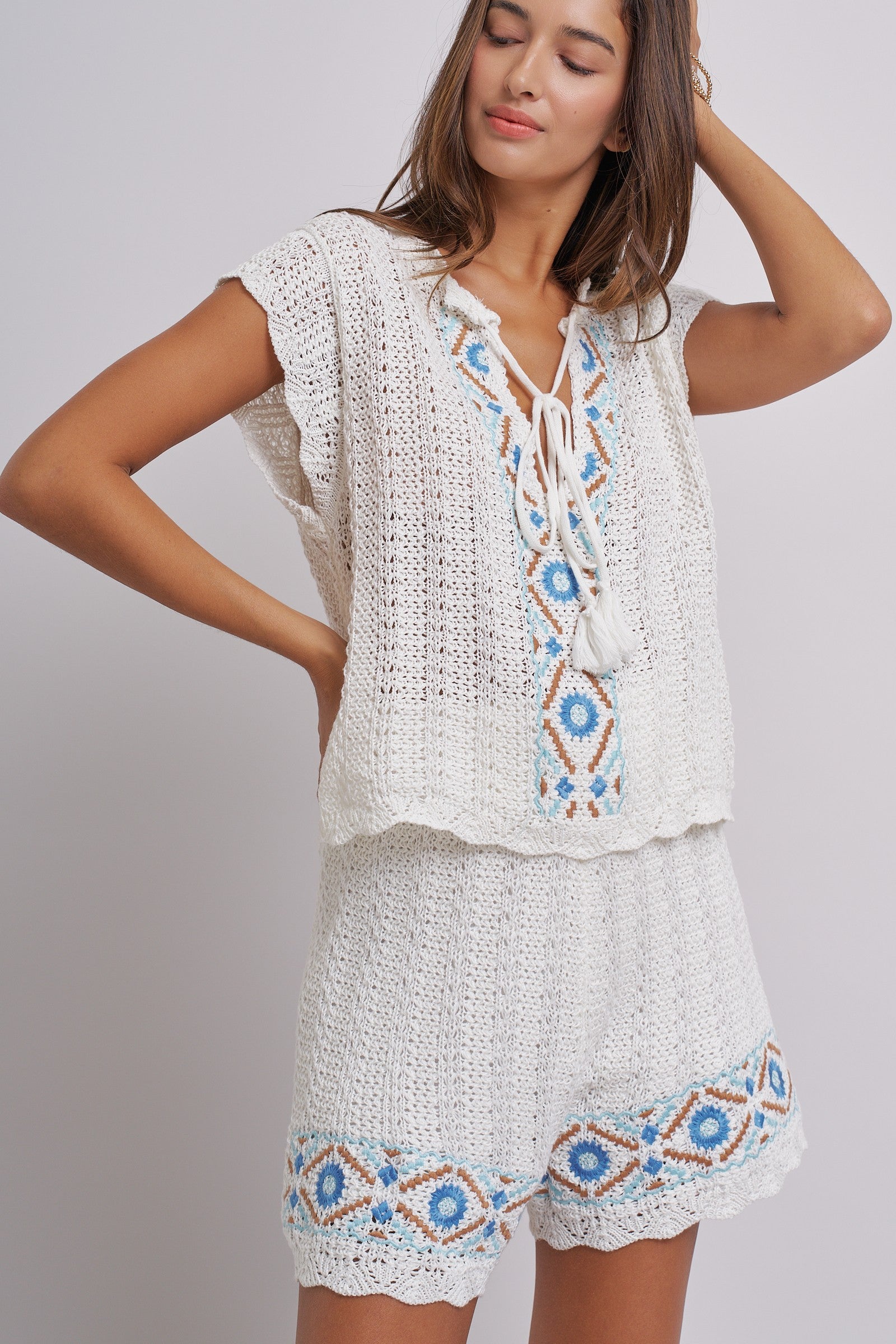 Santorini Breeze Crochet Embroidered Set in IVORY BLUE - Women's Sets | Urban Daizy