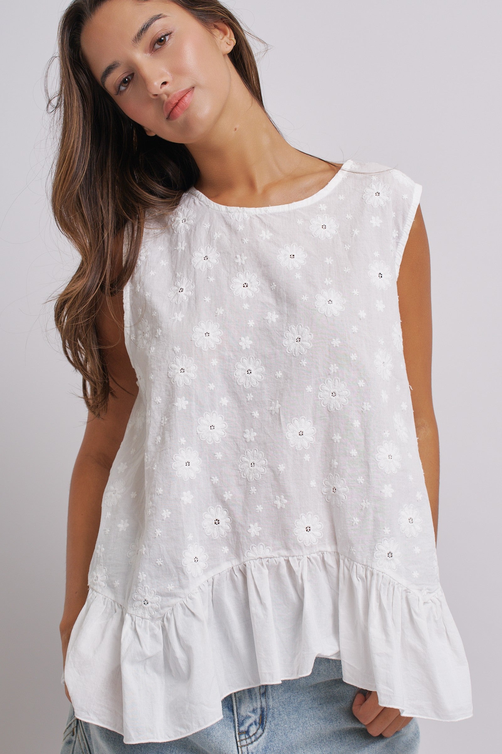 Daisy Whisper Sleeveless Ruffle Top in WHITE - Women's Tops | Urban Daizy