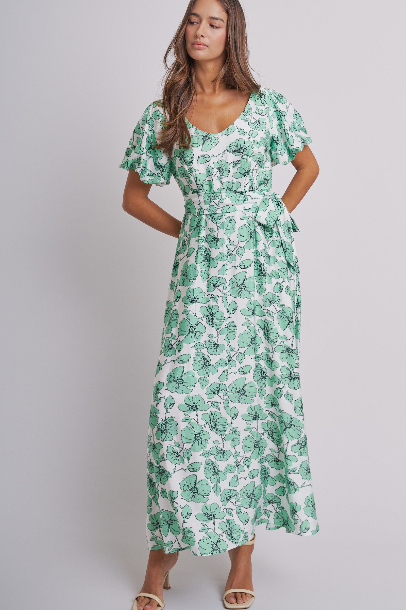 Willow Bloom Tie-Waist Dress in GREEN MULTI - Women's Dresses | Urban Daizy