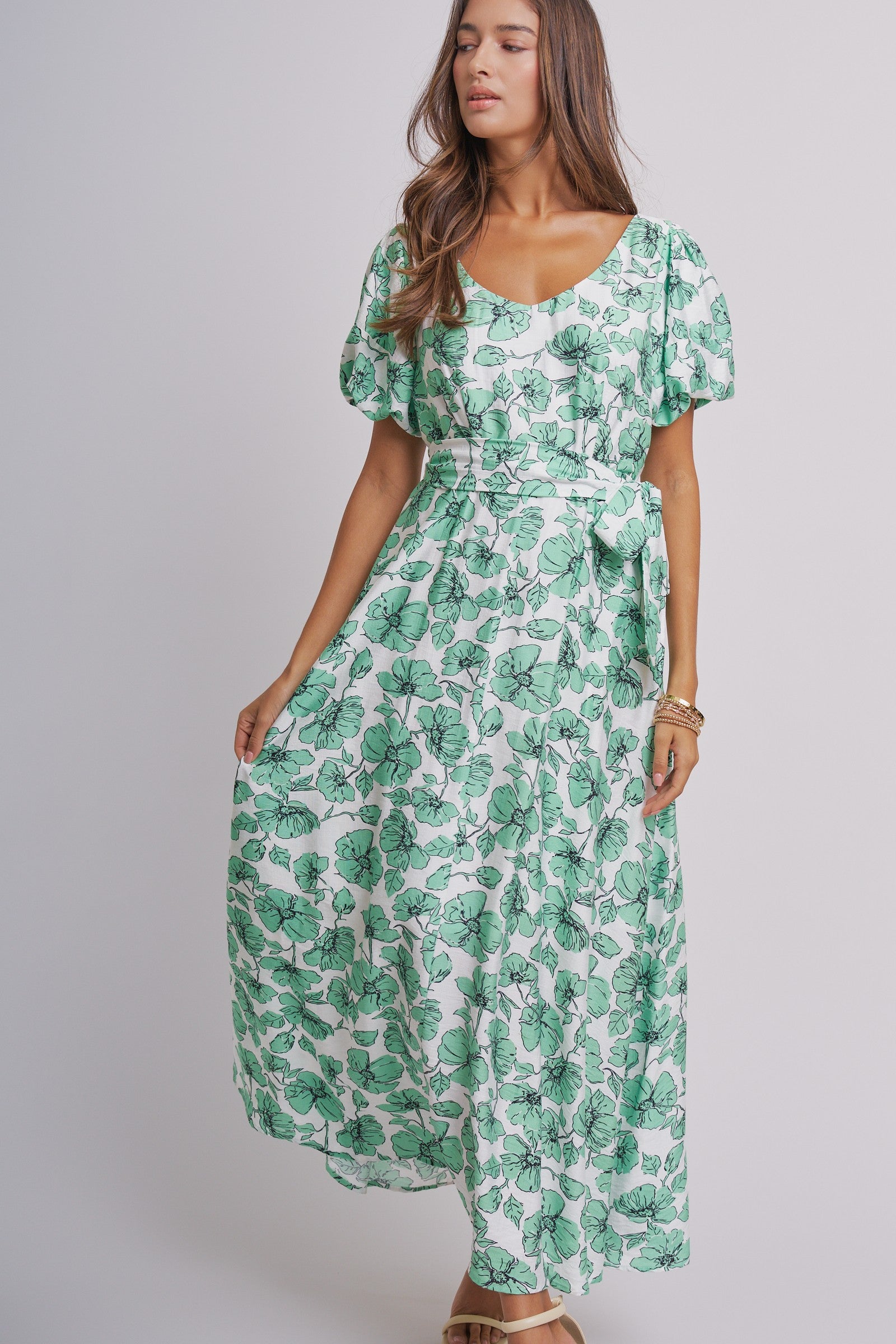 Willow Bloom Tie-Waist Dress in GREEN MULTI - Women's Dresses | Urban Daizy