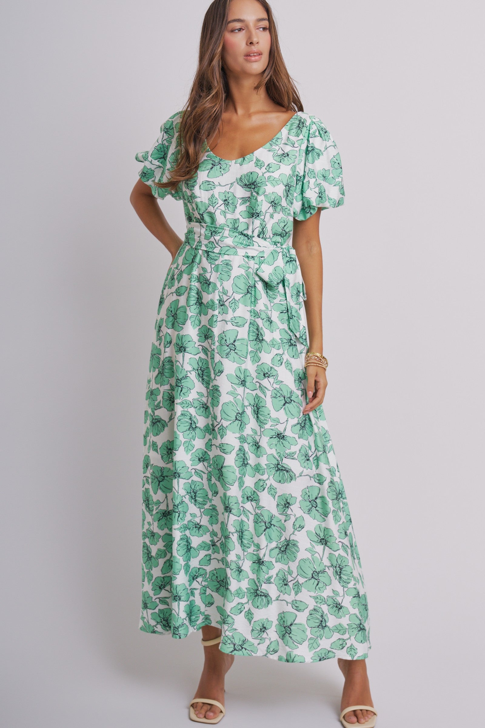 Willow Bloom Tie-Waist Dress in GREEN MULTI - Women's Dresses | Urban Daizy