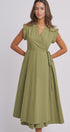 Side Tie Waist Wrap Midi Dress in MOSS GREEN - Women's Dresses | Urban Daizy
