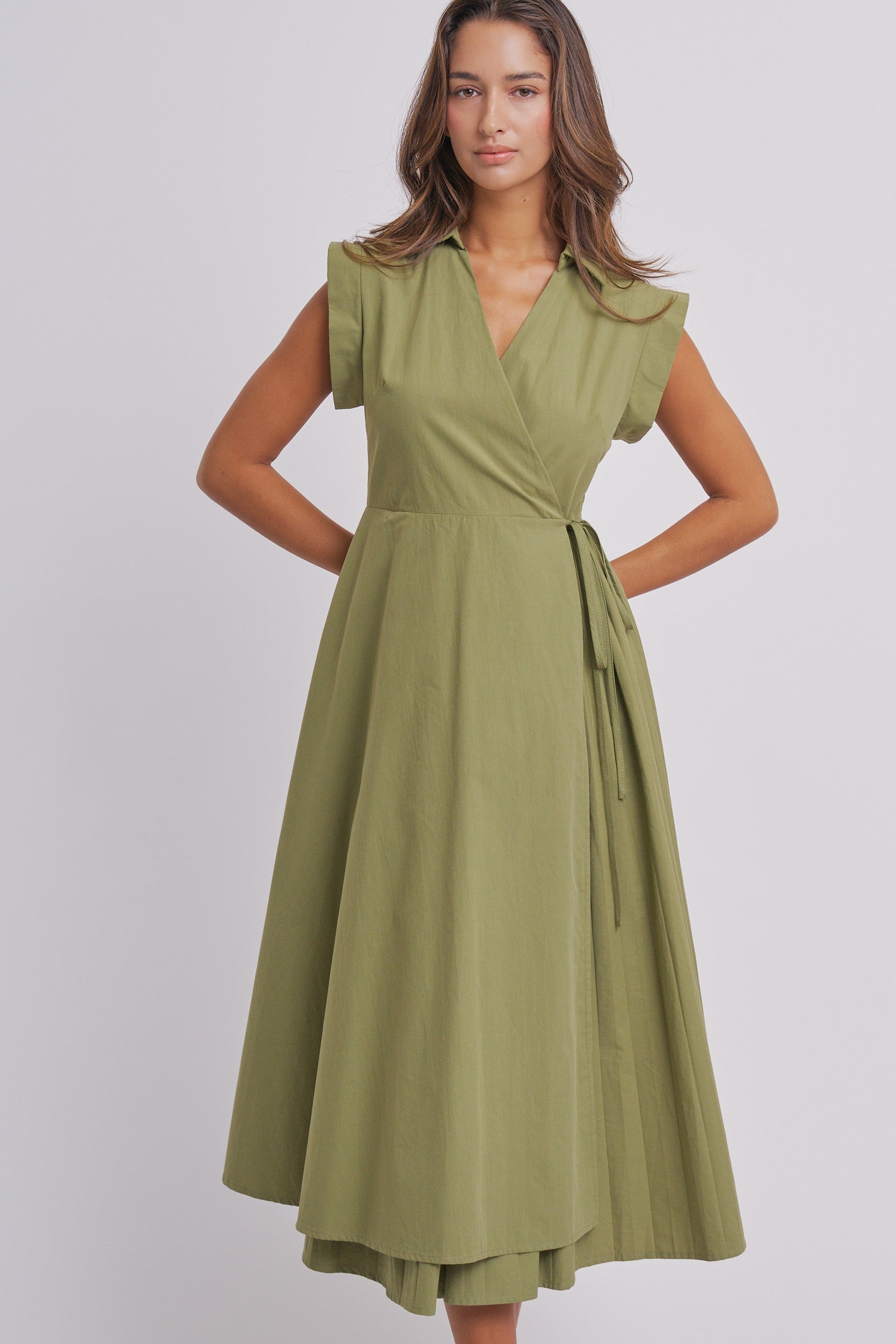 Side Tie Waist Wrap Midi Dress in MOSS GREEN - Women's Dresses | Urban Daizy