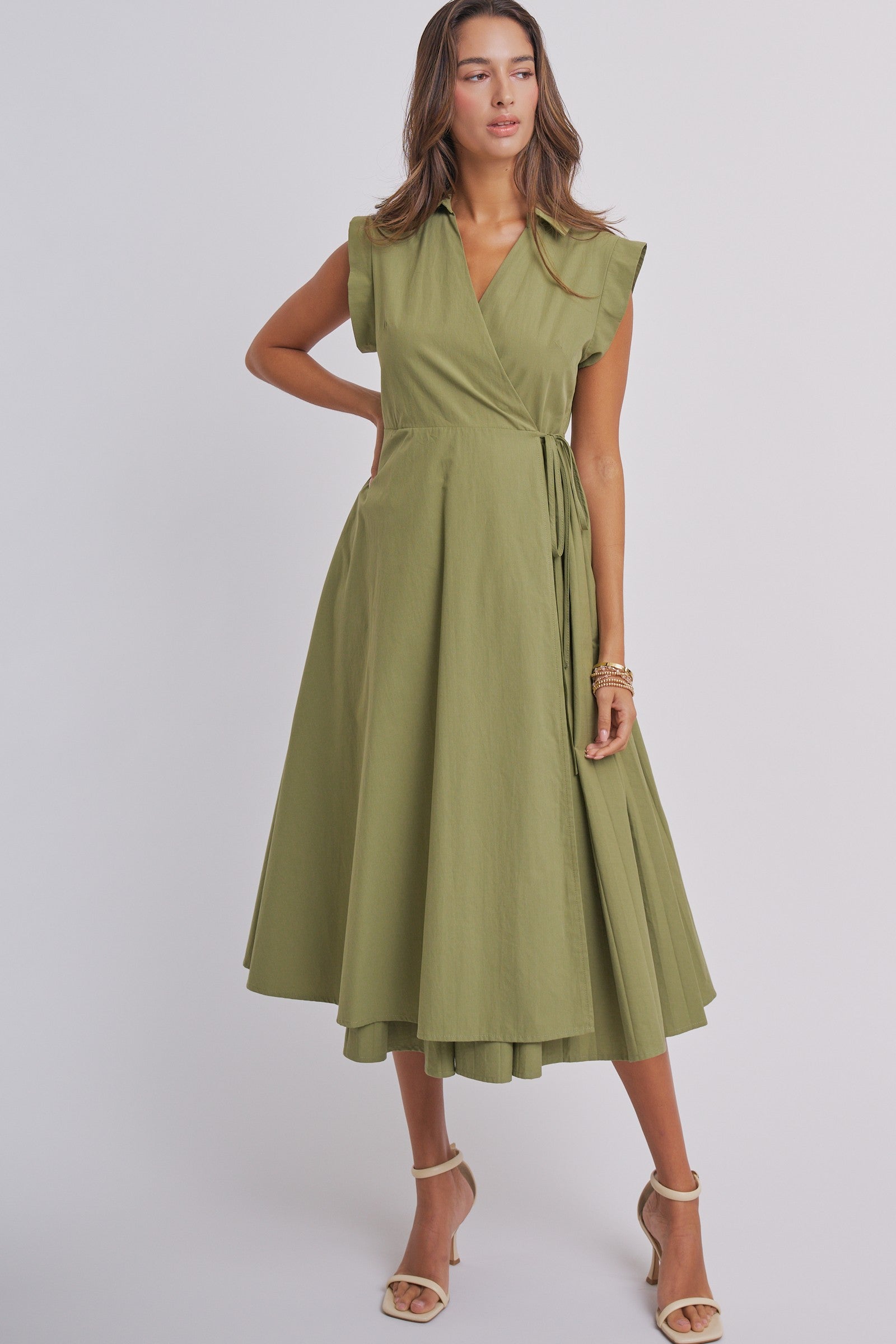 Side Tie Waist Wrap Midi Dress in MOSS GREEN - Women's Dresses | Urban Daizy
