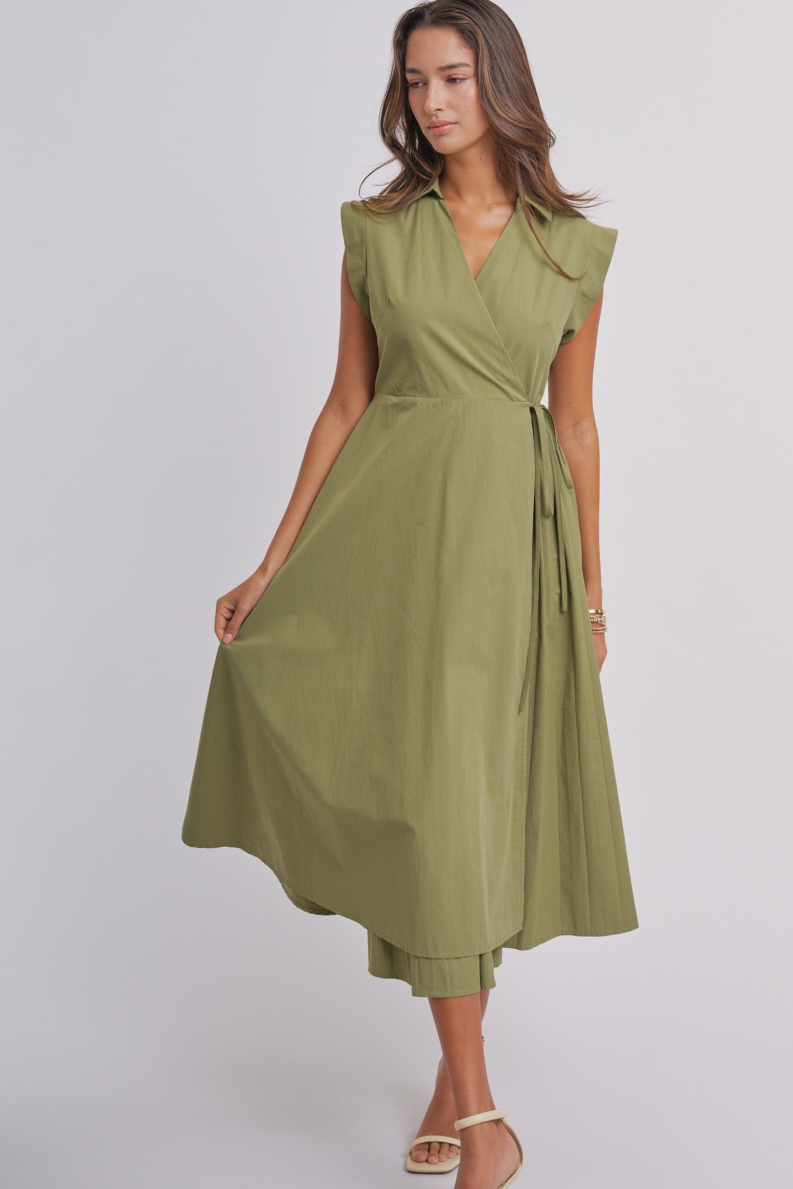 Side Tie Waist Wrap Midi Dress in MOSS GREEN - Women's Dresses | Urban Daizy