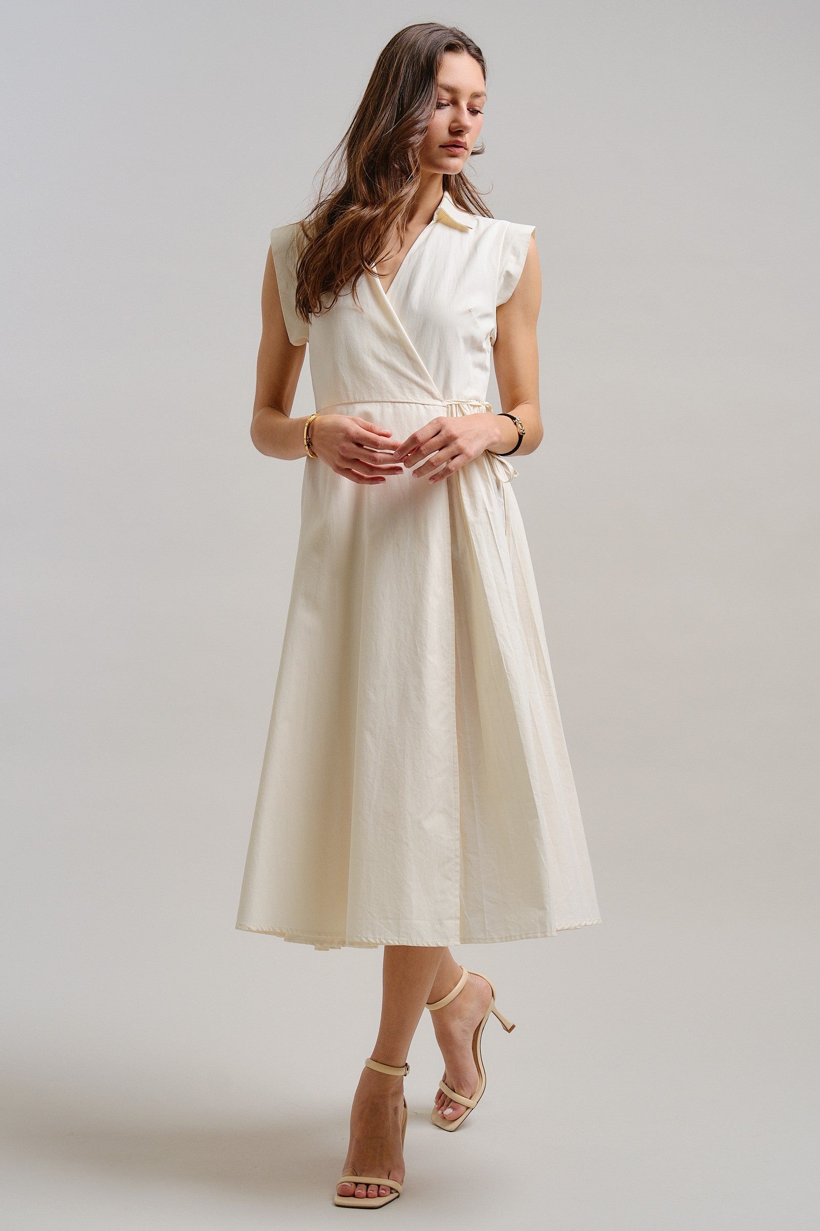 Side Tie Waist Wrap Midi Dress in IVORY - Women's Dresses | Urban Daizy