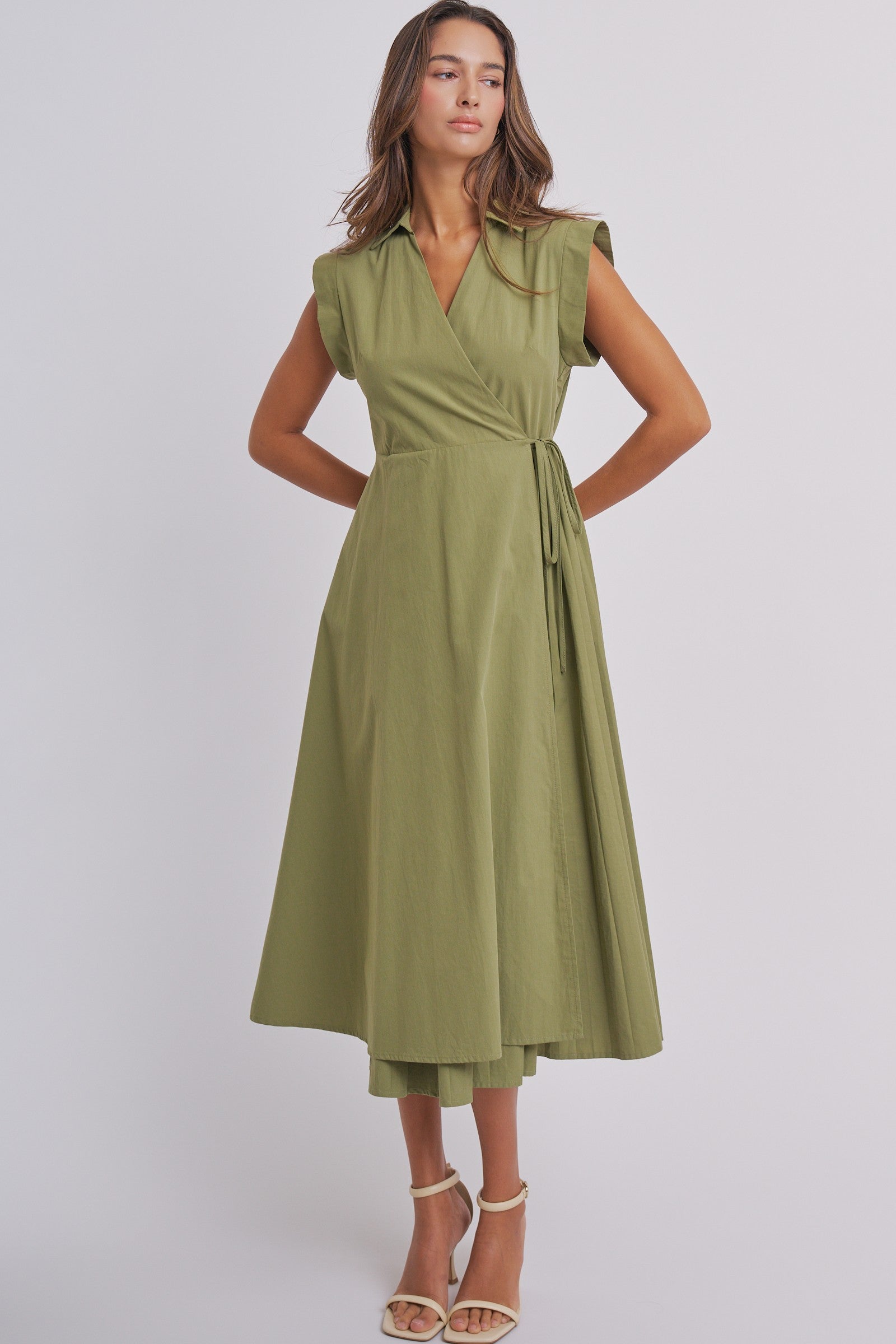Side Tie Waist Wrap Midi Dress in MOSS GREEN - Women's Dresses | Urban Daizy