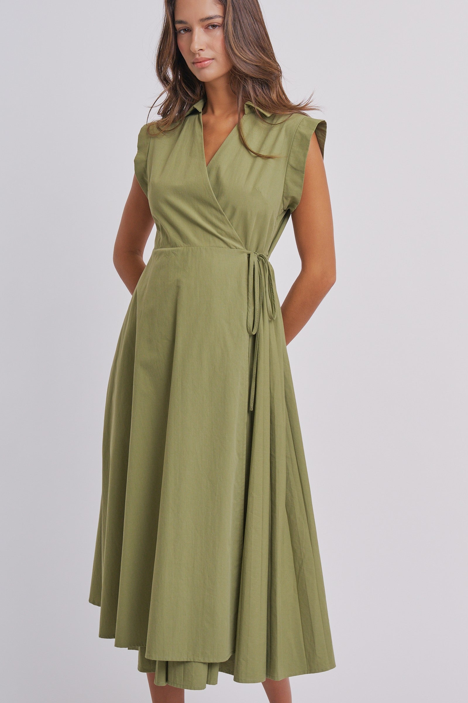 Side Tie Waist Wrap Midi Dress in MOSS GREEN - Women's Dresses | Urban Daizy
