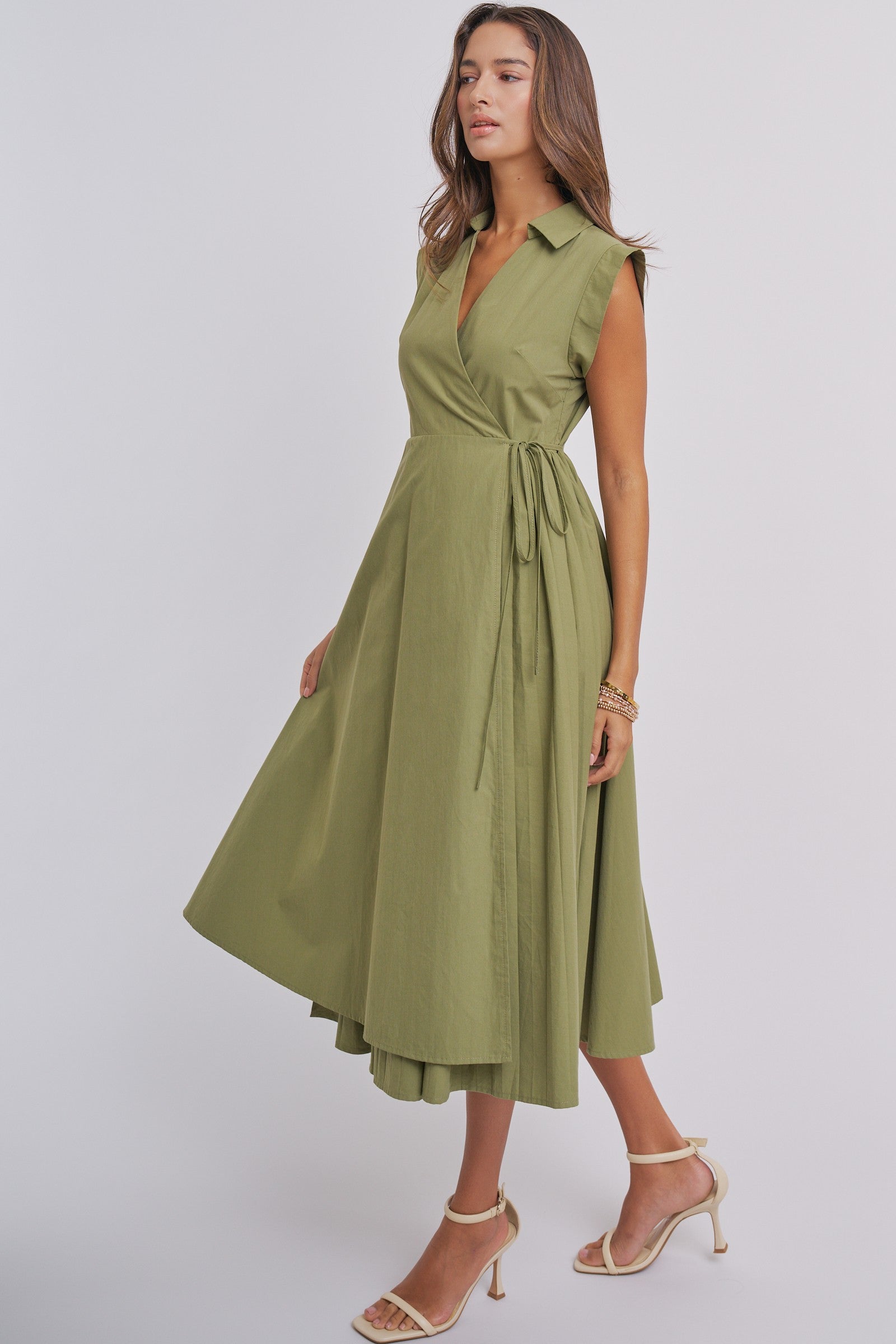 Side Tie Waist Wrap Midi Dress in MOSS GREEN - Women's Dresses | Urban Daizy