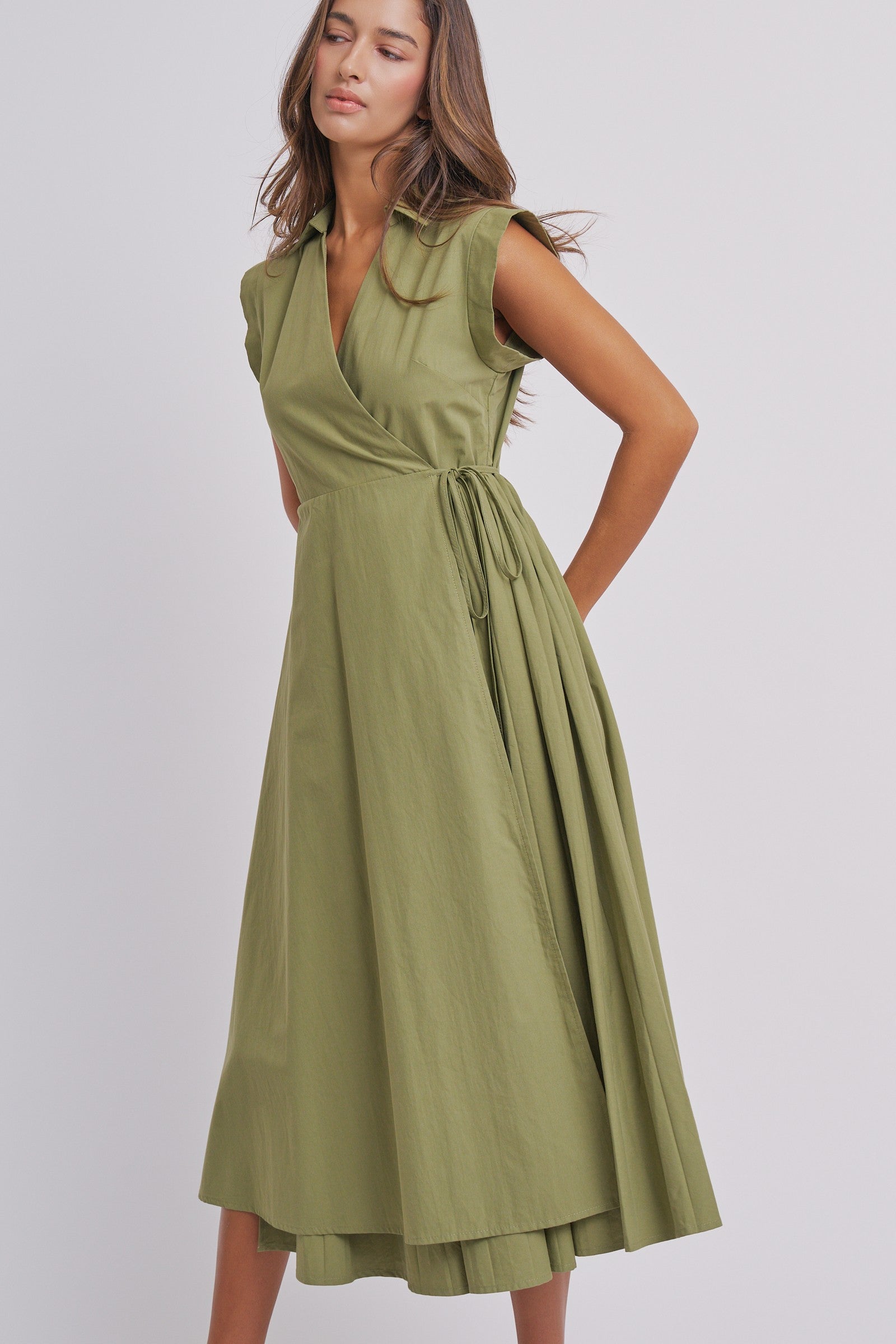 Side Tie Waist Wrap Midi Dress in MOSS GREEN - Women's Dresses | Urban Daizy