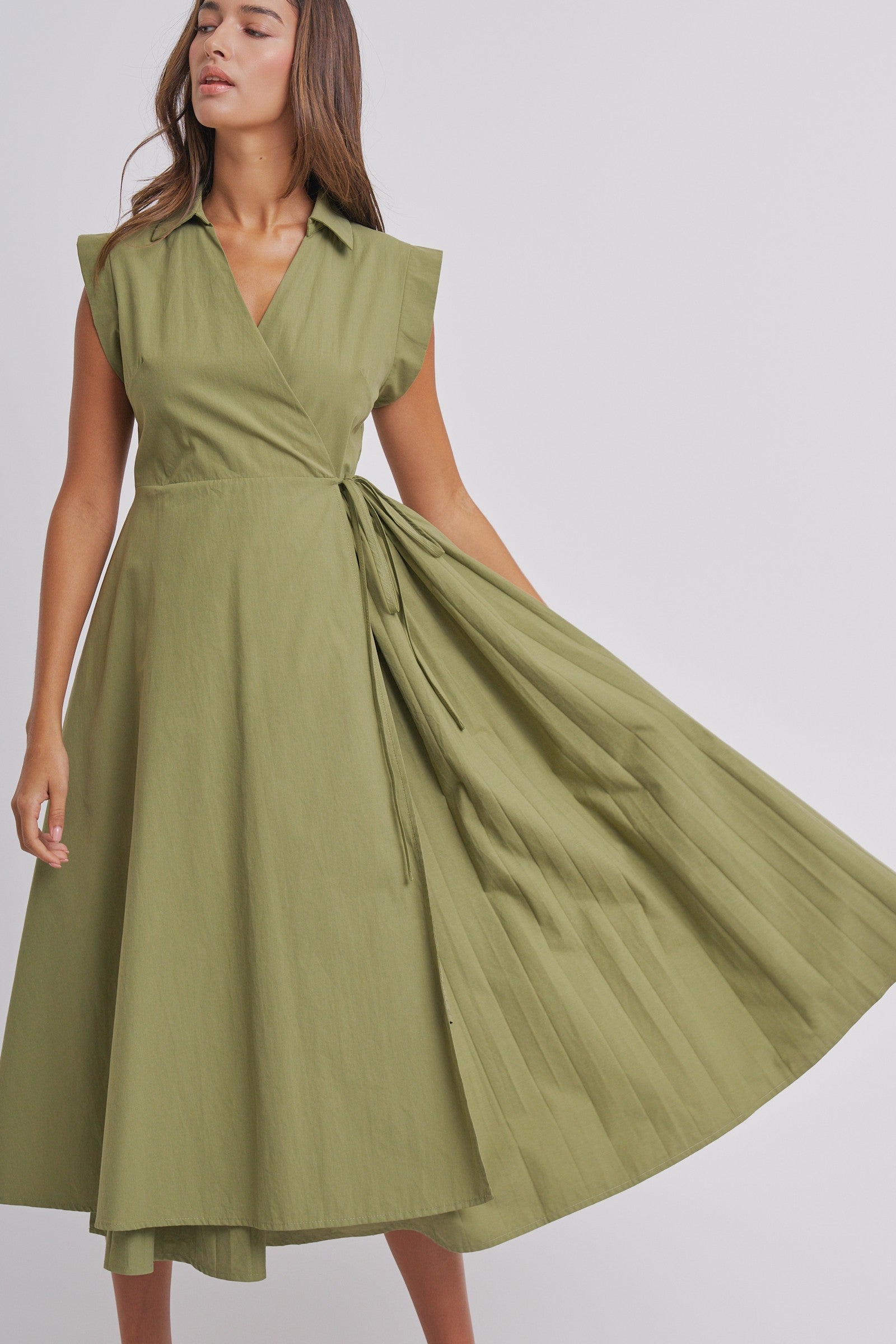 Side Tie Waist Wrap Midi Dress in MOSS GREEN - Women's Dresses | Urban Daizy