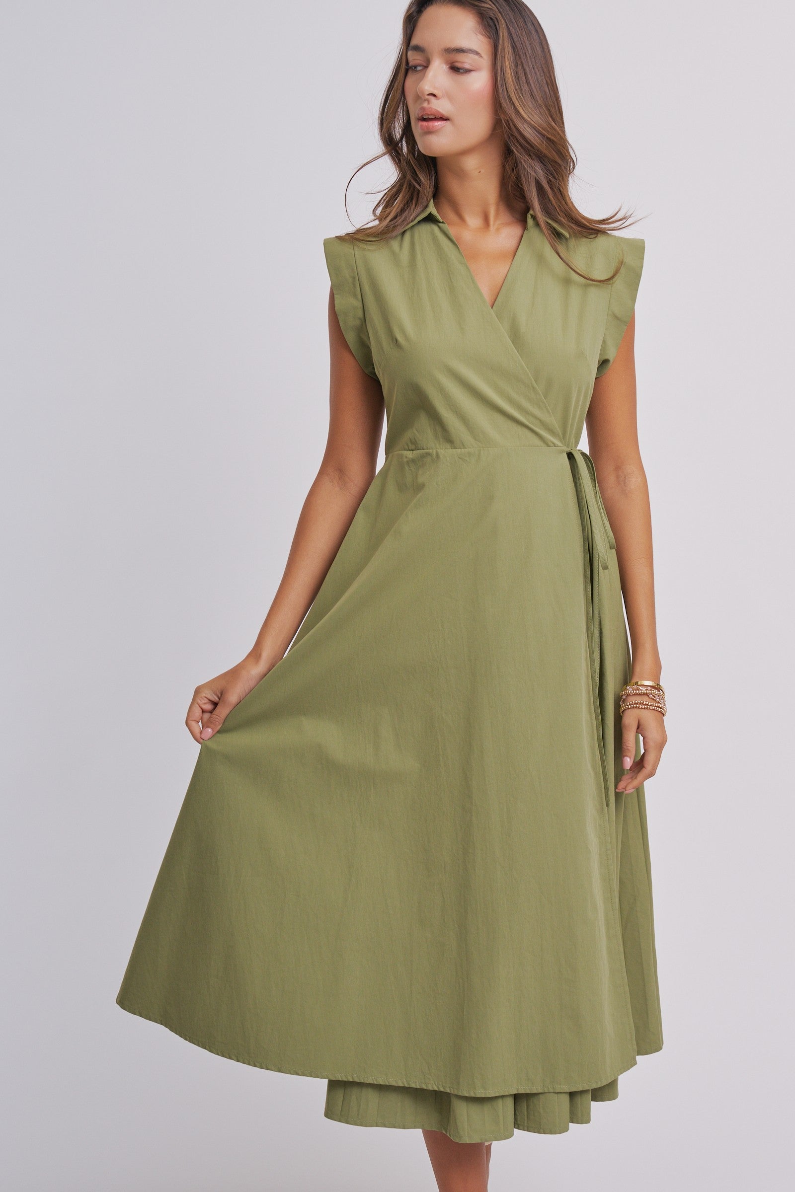 Side Tie Waist Wrap Midi Dress in MOSS GREEN - Women's Dresses | Urban Daizy