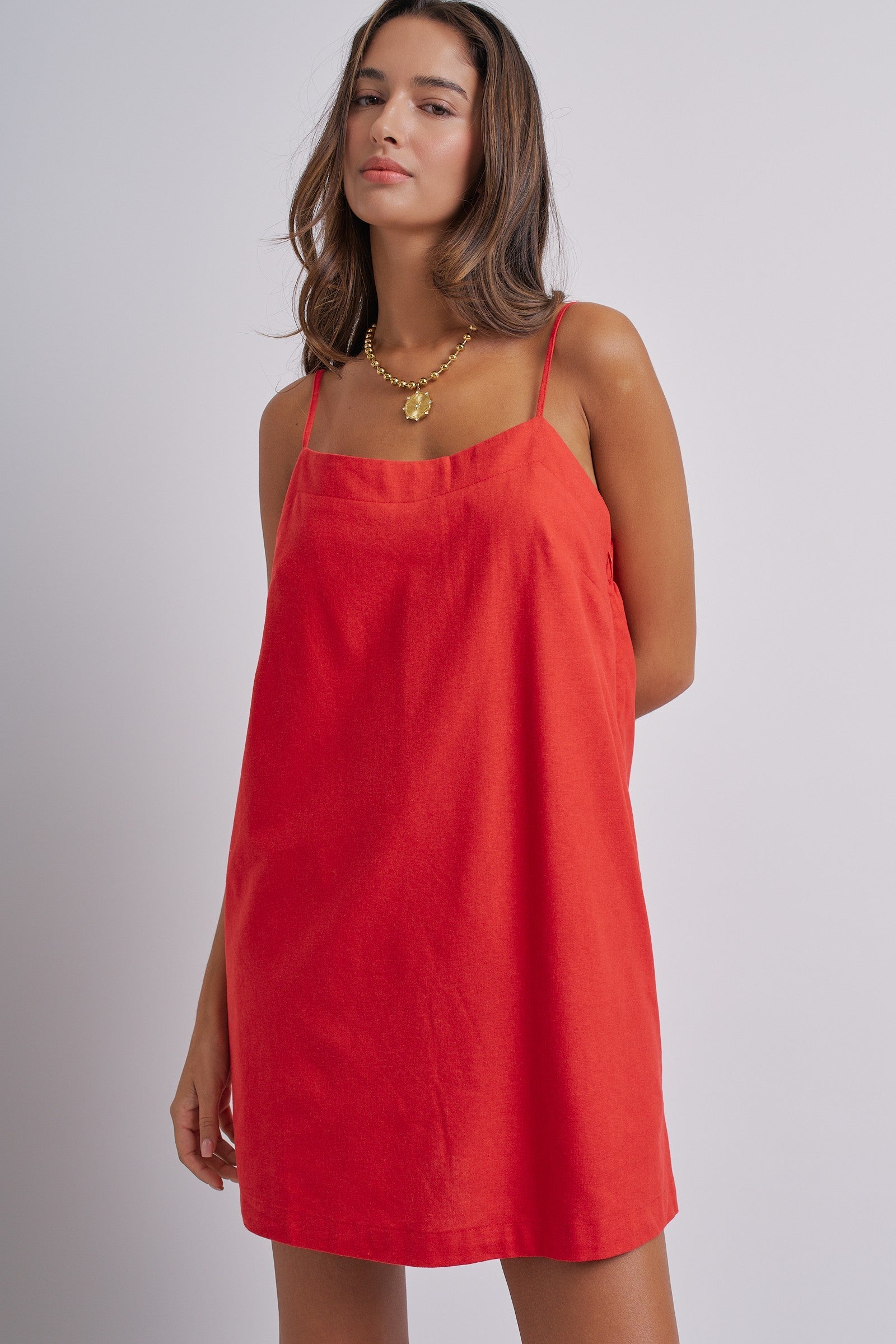 Sunlight Ease Air Slip Linen Mini Dress in RED - Women's Dresses | Urban Daizy