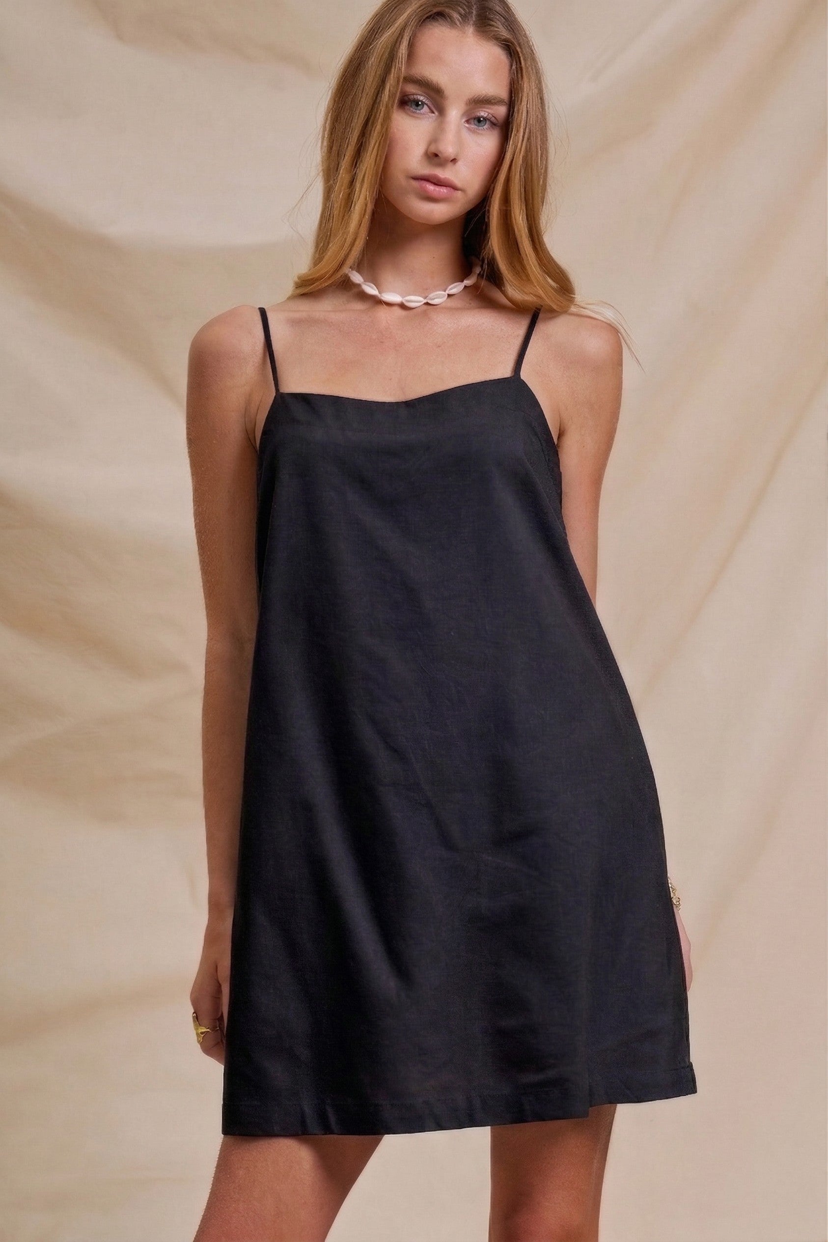 Sunlight Ease Air Slip Linen Mini Dress in BLACK - Women's Dresses | Urban Daizy