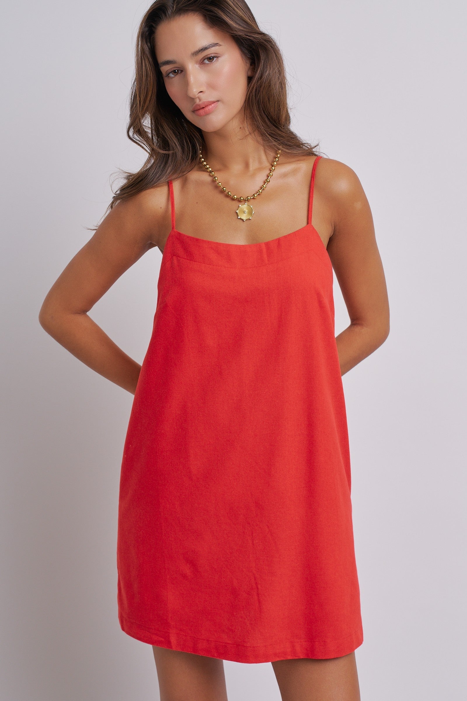 Sunlight Ease Air Slip Linen Mini Dress in RED - Women's Dresses | Urban Daizy