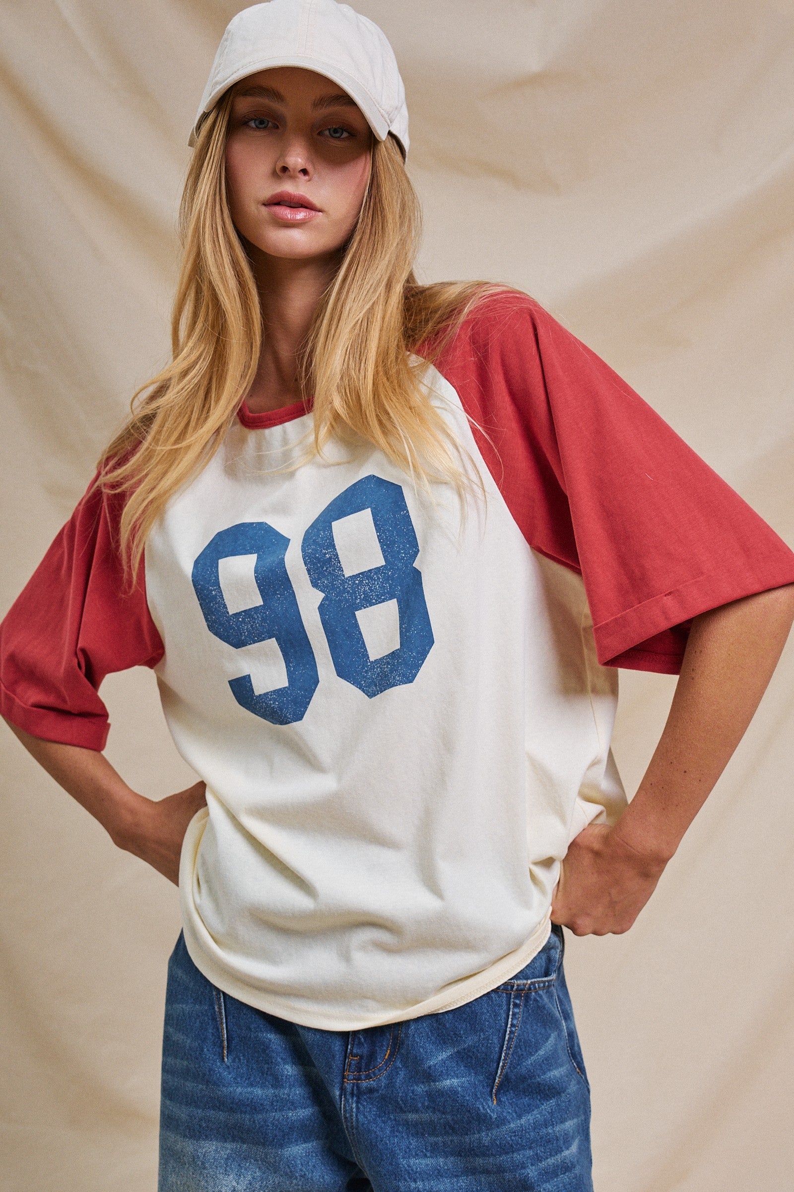 Throwback Graphic Raglan Baseball Tee in IVORY RED - Women's Tops | Urban Daizy