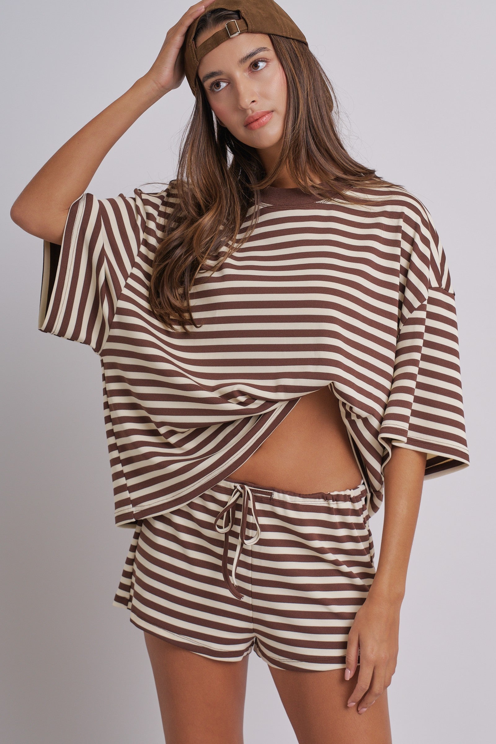 Laid Back Weekend Stripe Tee in IVORY BROWN - Women's Tops | Urban Daizy