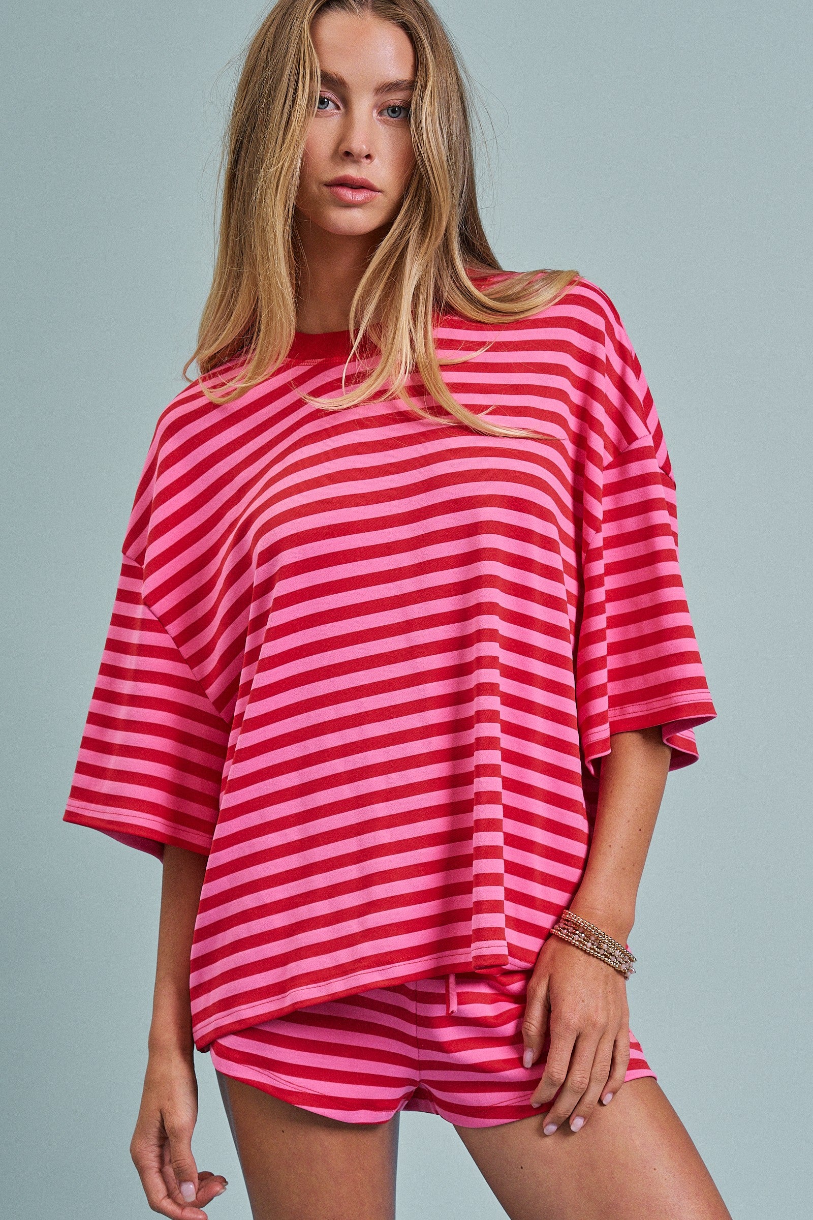 Laid Back Weekend Stripe Tee in RED PINK - Women's Tops | Urban Daizy