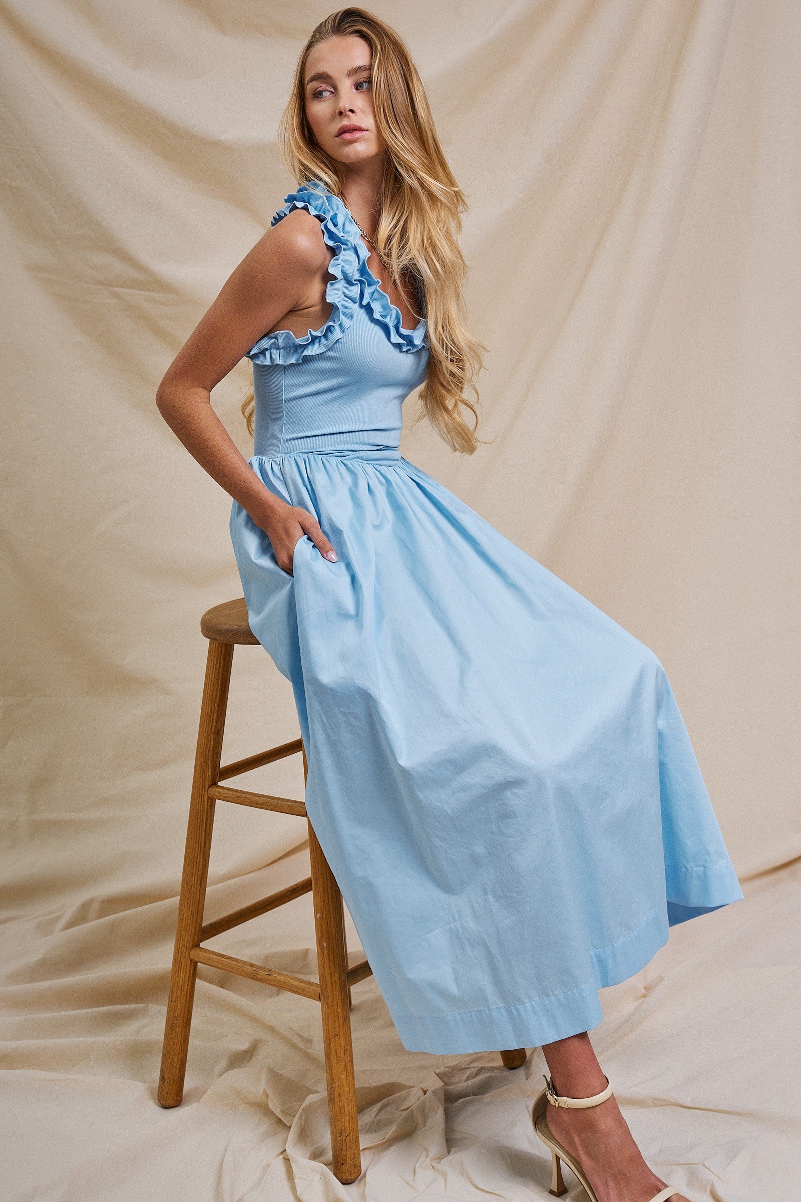 Soft Ruffle Bodice Midi Dress in LT BLUE - Women's Dresses | Urban Daizy