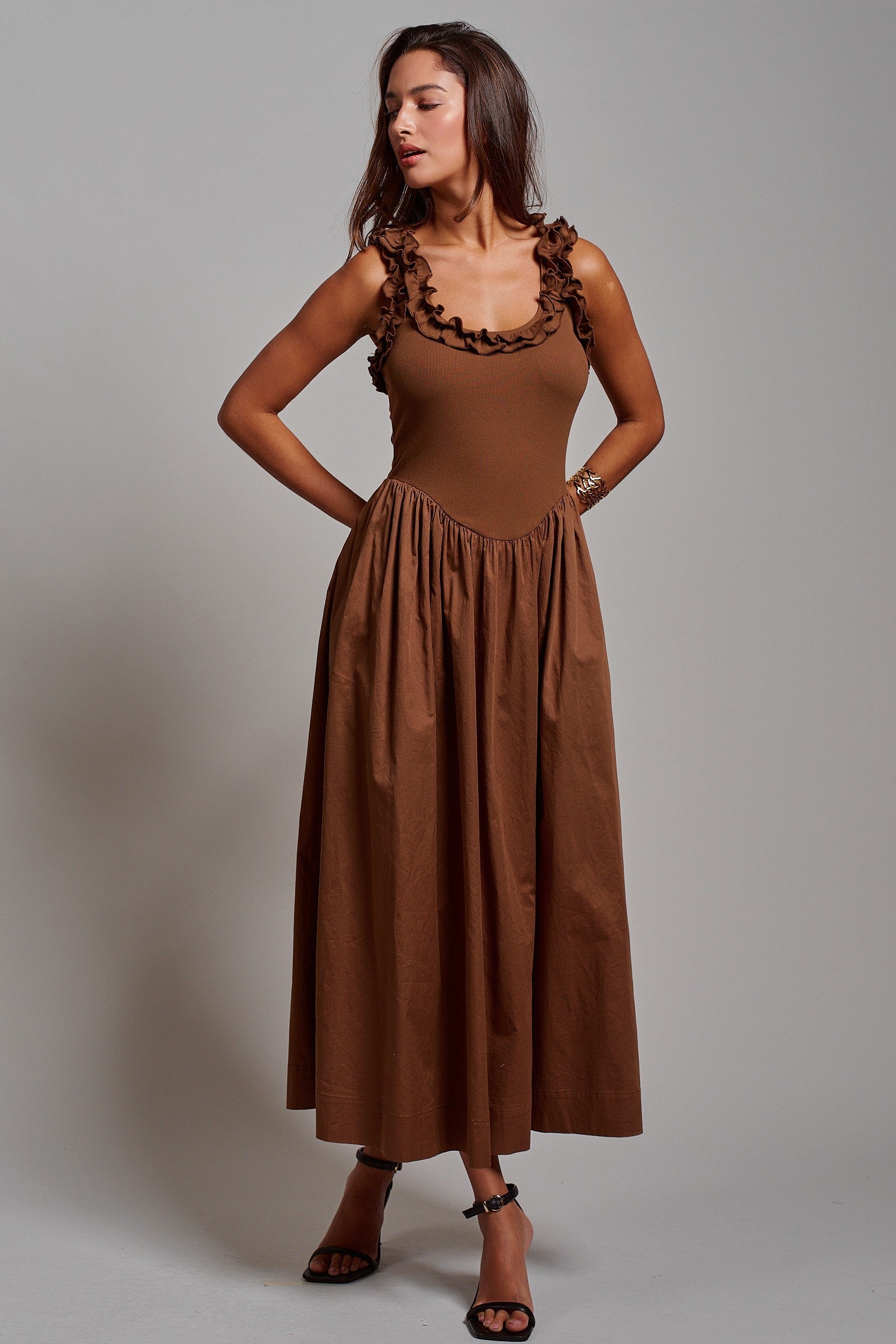 Soft Ruffle Bodice Midi Dress in BROWN - Women's Dresses | Urban Daizy