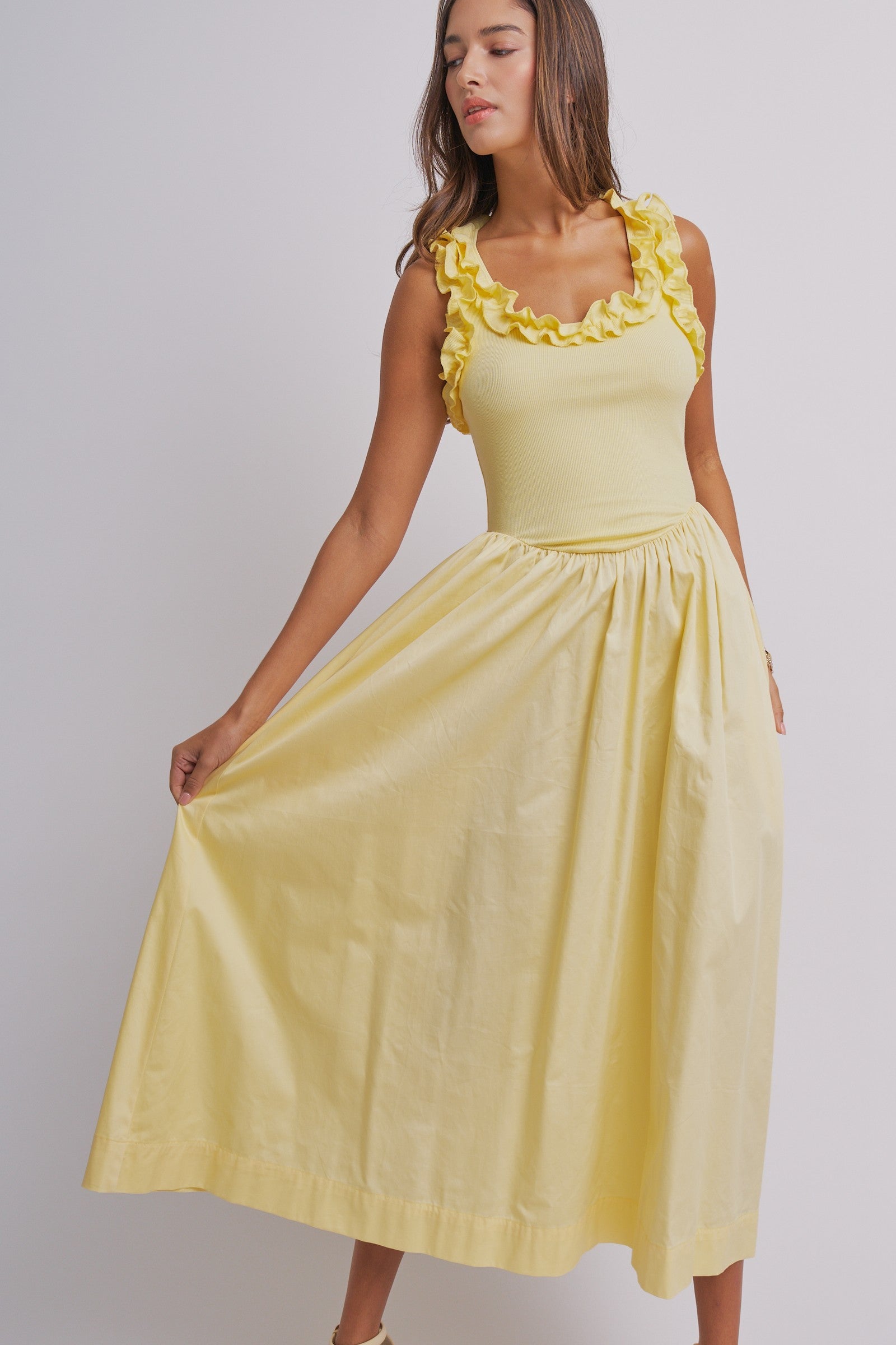 Soft Ruffle Bodice Midi Dress in BUTTER YELLOW - Women's Dresses | Urban Daizy