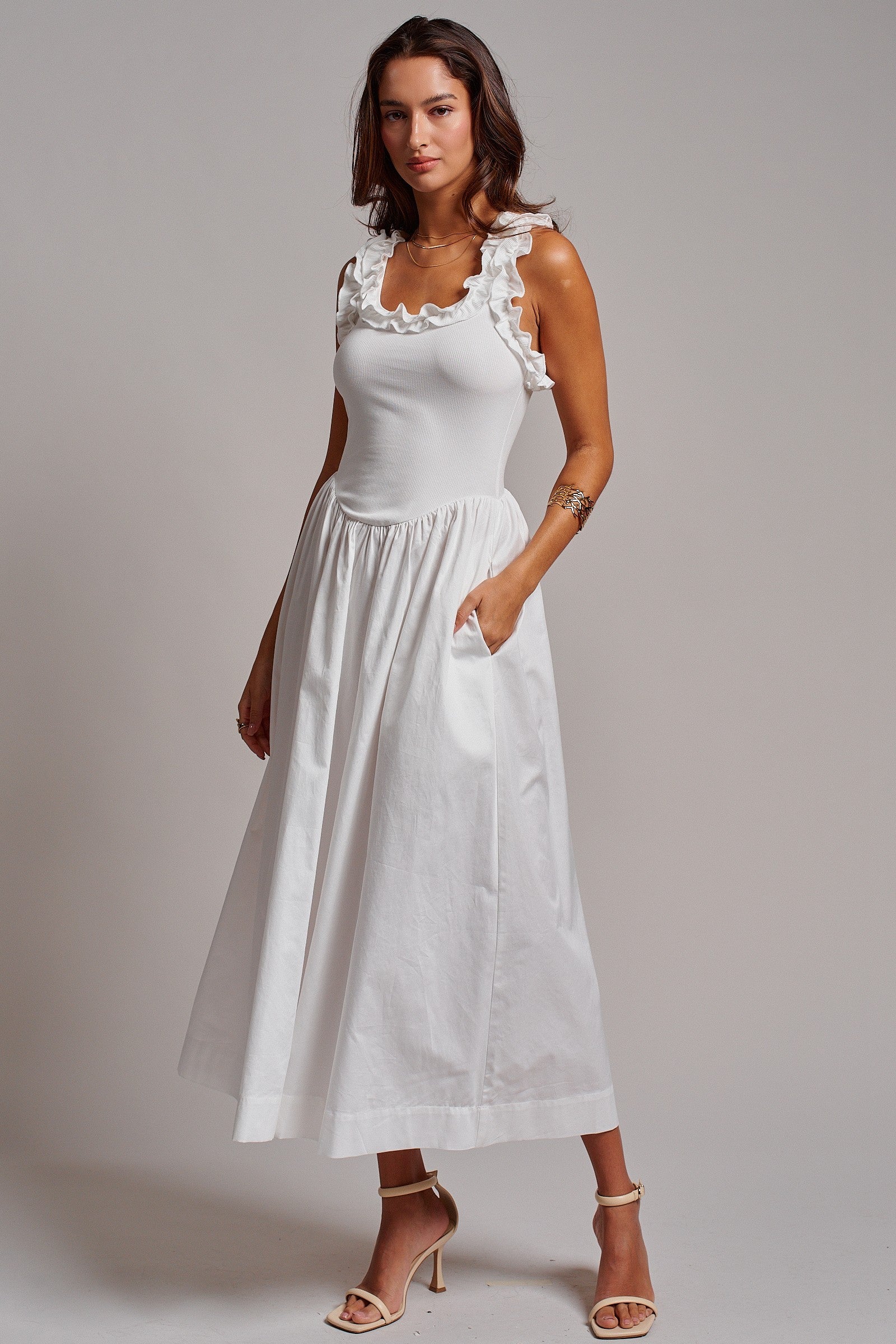 Soft Ruffle Bodice Midi Dress in WHITE - Women's Dresses | Urban Daizy