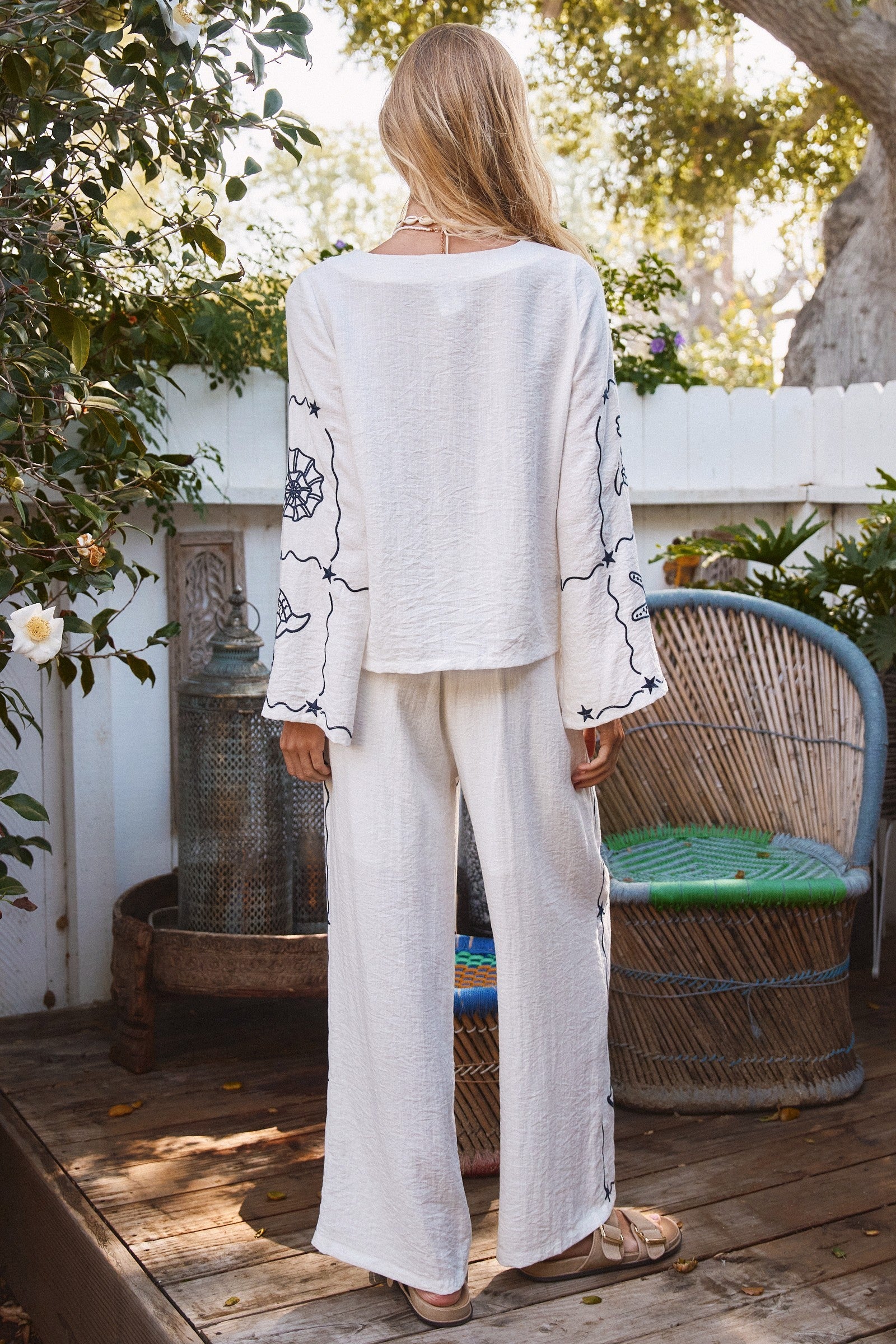 Summer Voyage Coastal Embroidered Wide-Leg Pants in WHITE - Women's Tops | Urban Daizy