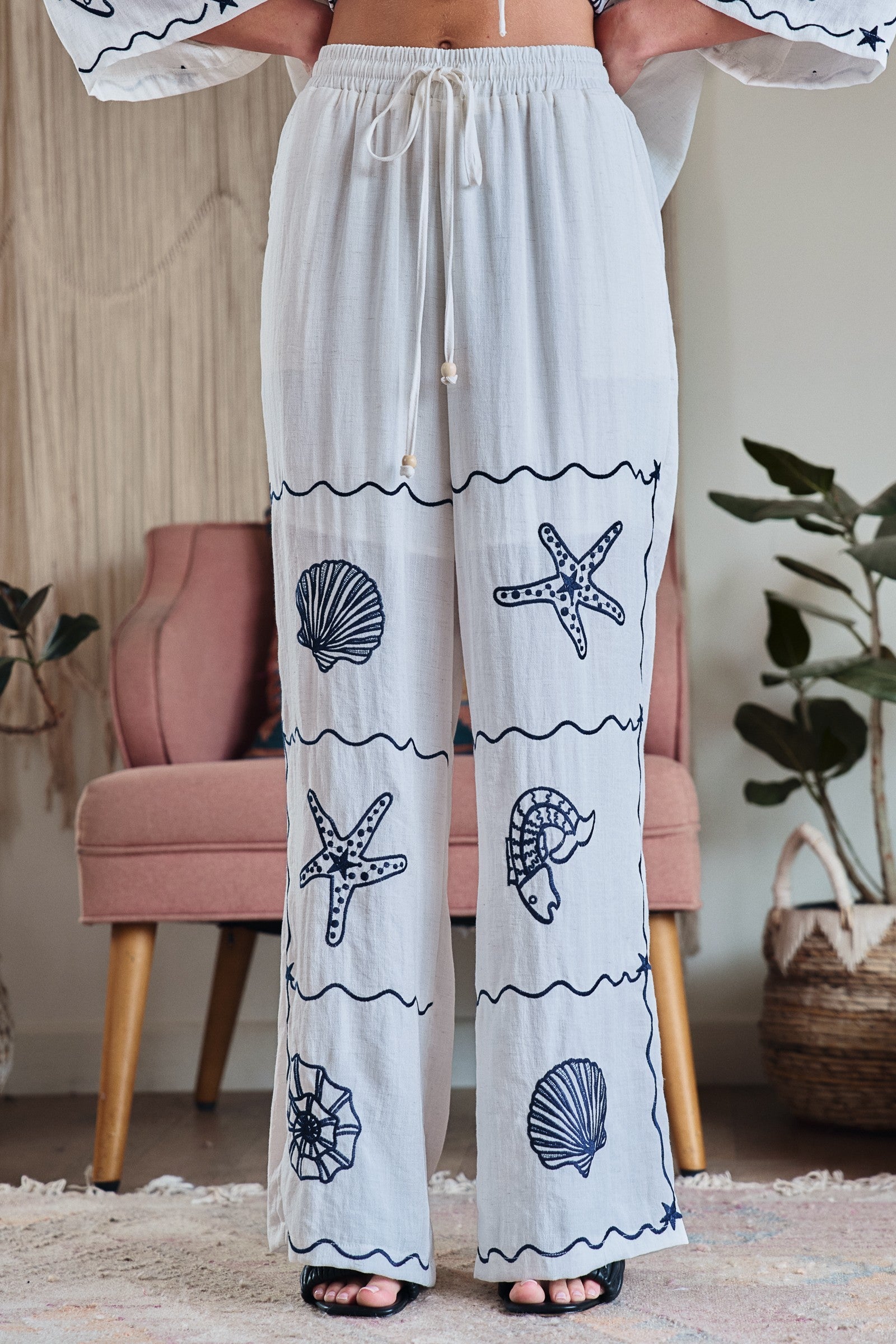 Summer Voyage Coastal Embroidered Wide-Leg Pants in WHITE - Women's Tops | Urban Daizy