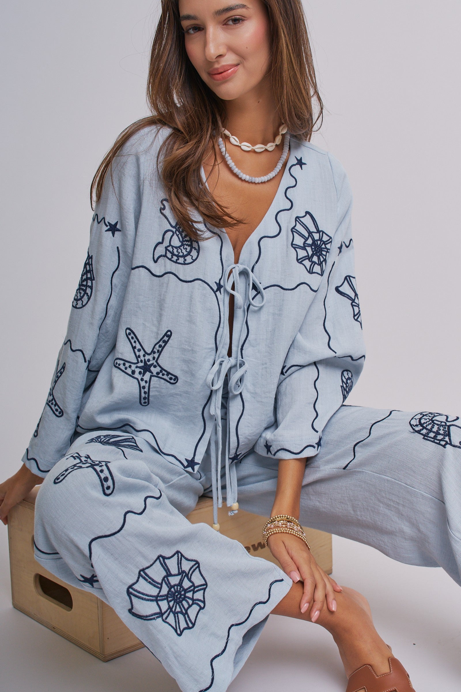 Summer Voyage Coastal Embroidered Wide-Leg Pants in BLUE - Women's Tops | Urban Daizy