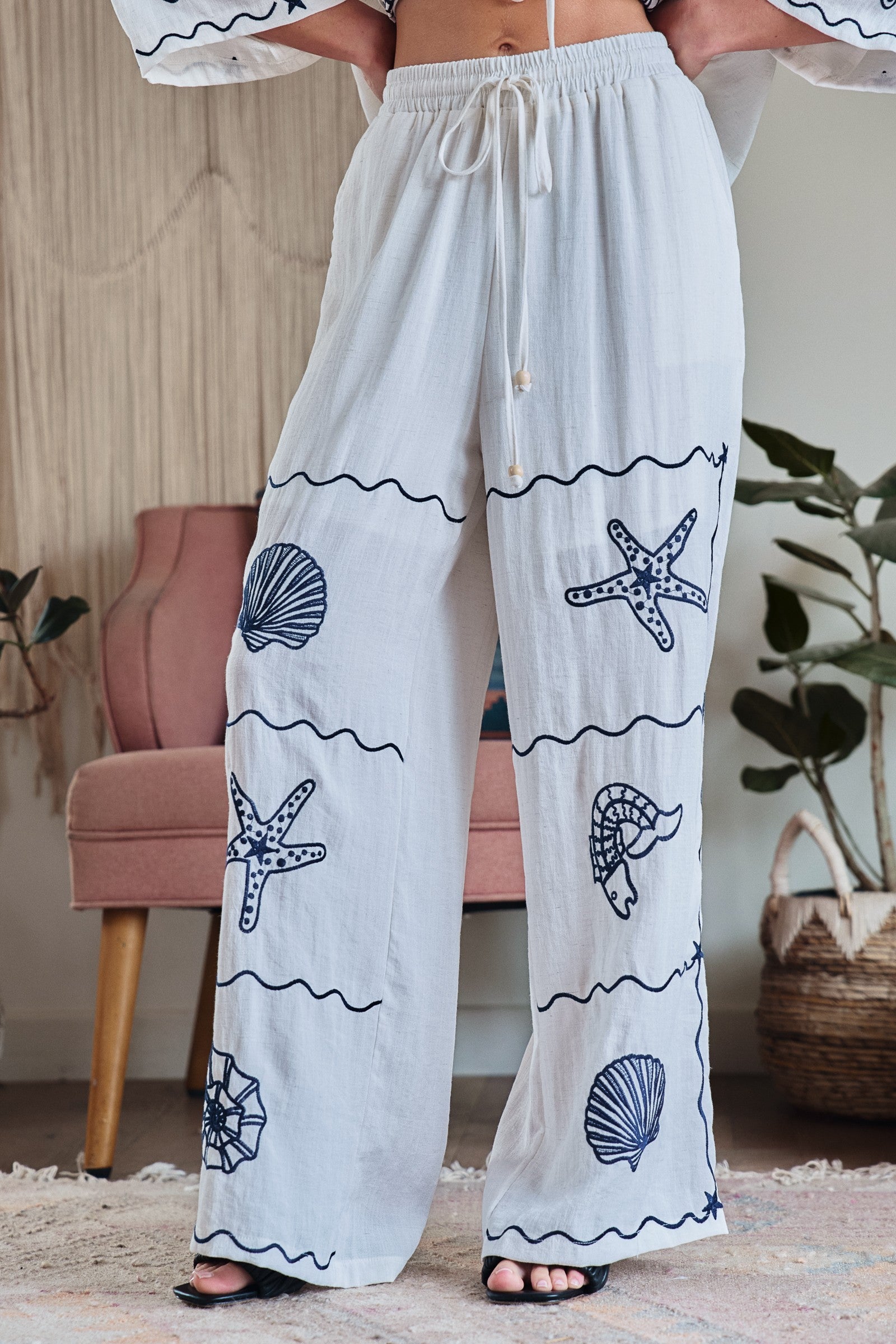 Summer Voyage Coastal Embroidered Wide-Leg Pants in WHITE - Women's Tops | Urban Daizy